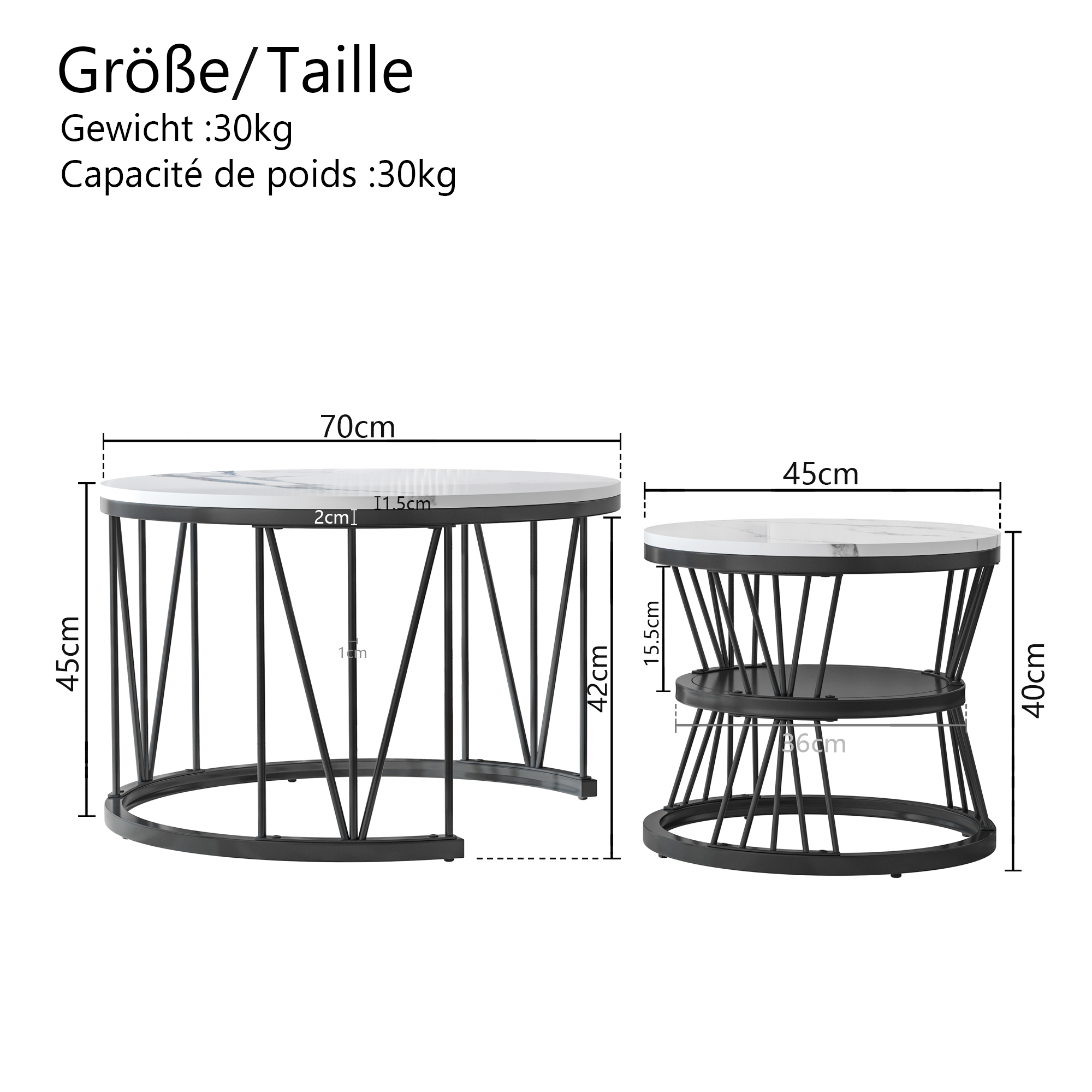Mesa de centro redonda, conjunto de 2, mesa de centro de madeira, conjunto de mesa lateral moderna com estrutura de metal para sala de estar, varanda, escritório