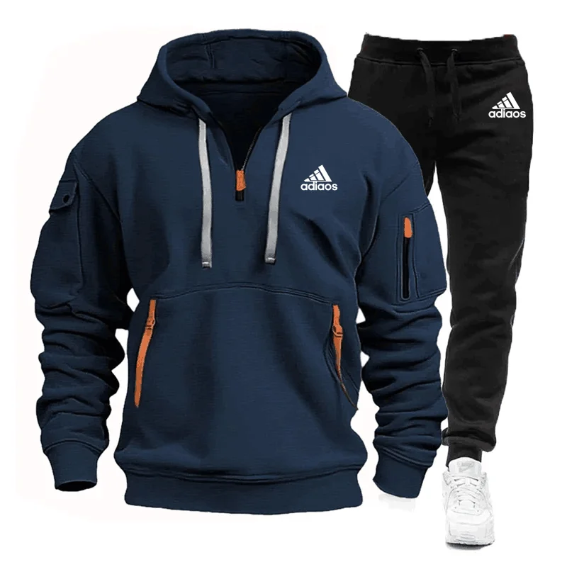 Conjunto de ropa deportiva y pantalones con múltiples bolsillos y cremallera para hombre, ropa deportiva informal, traje para correr, conjunto de dos piezas con capucha para primavera y otoño 2024