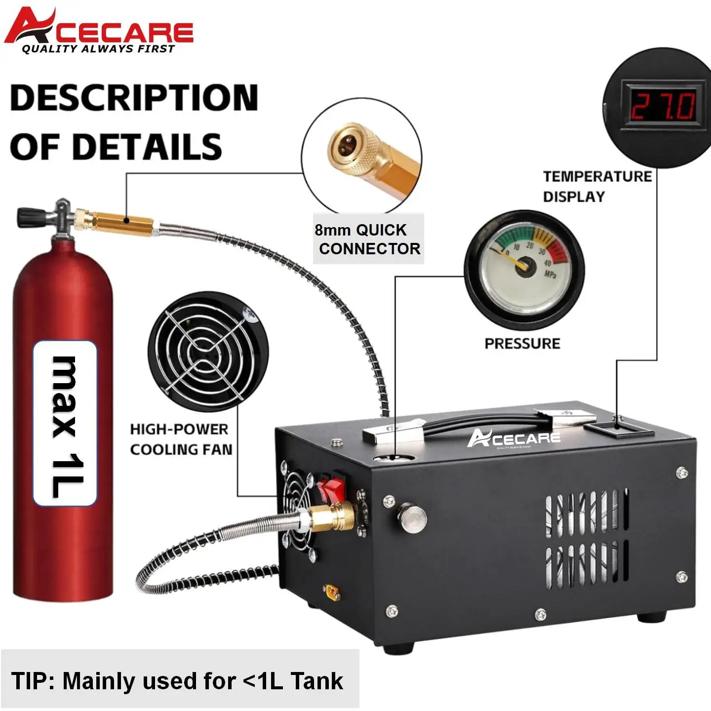 ACECARE 4500Psi PCP Air Compressor with 12V Car power supply 300Bar High Pressure PCP Compressor for SCBA Diving