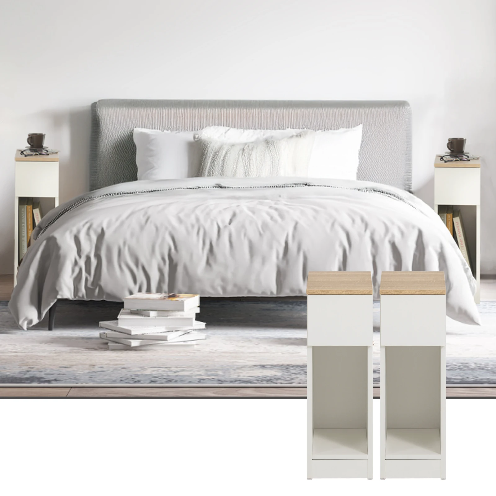 SoBuy FBT111x2 Nachttisch 2er Set mit Schublade für Boxspringbett Sofatisch 2 stücke Beistelltisch schmal Nachtschrank