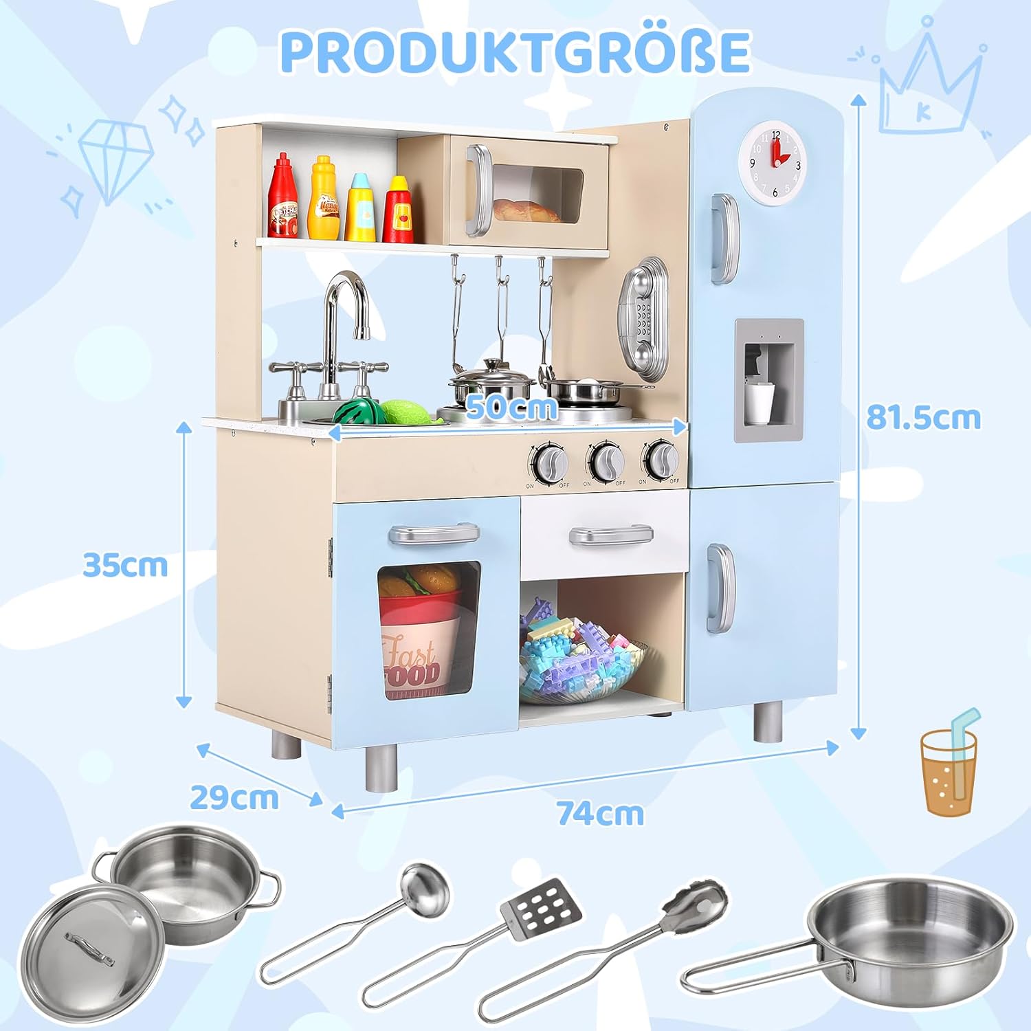 Kids Wooden Pretend Cooking Kitchen Playset with Cabinets for Toddler