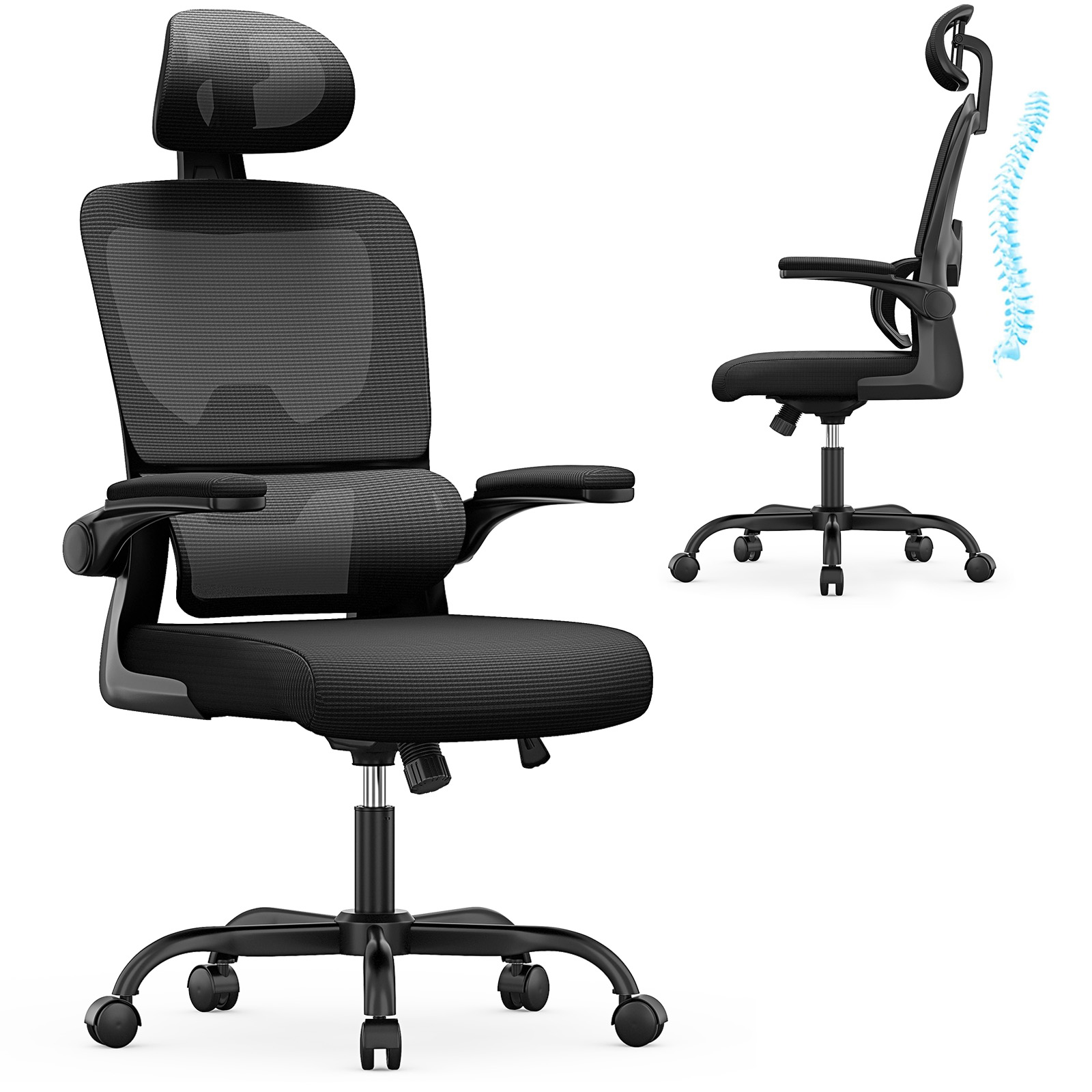 Silla de oficina ergonómica Naspaluro, silla de escritorio con reposabrazos plegable, respaldo transpirable ajustable en altura, silla giratoria para juegos