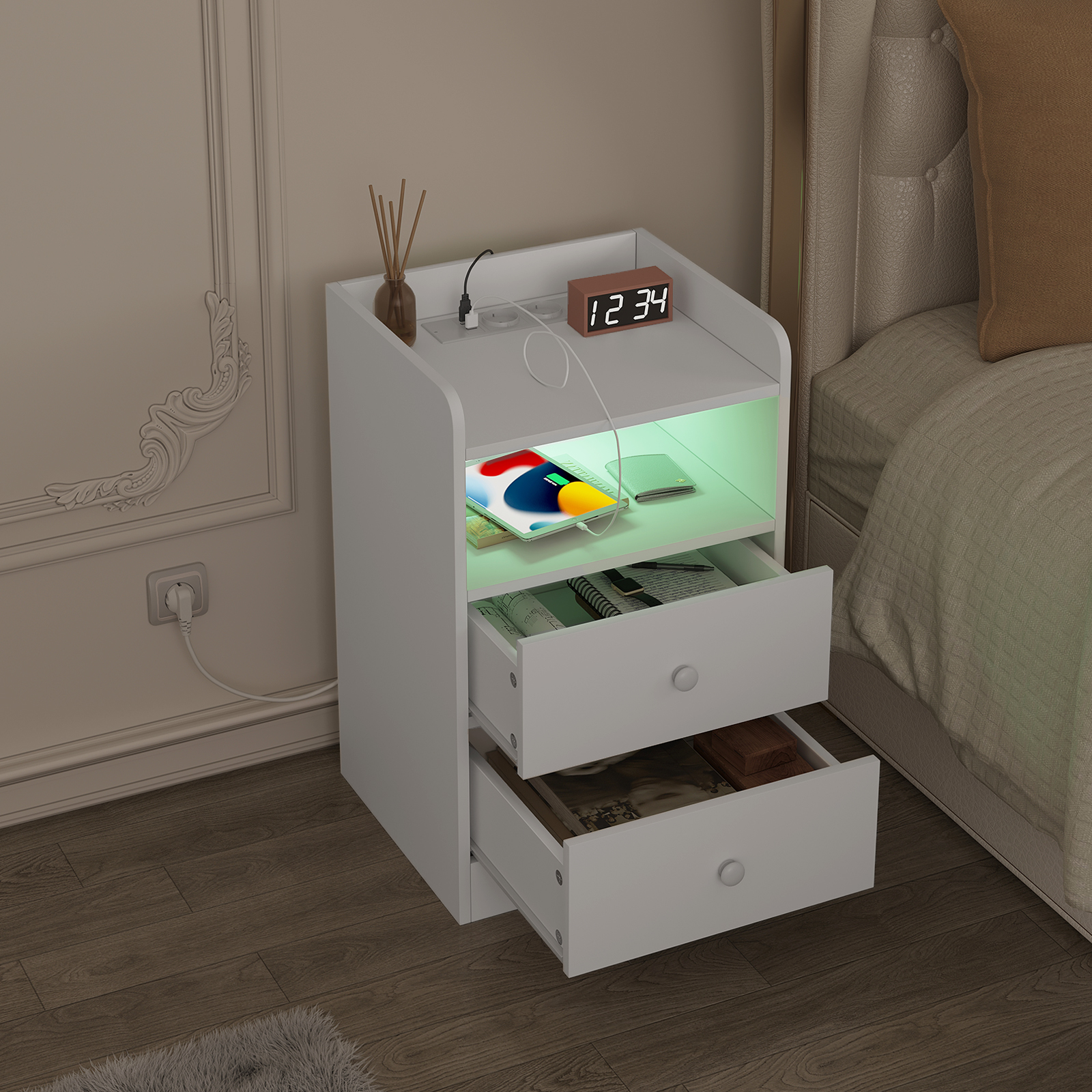 Table de chevet avec station de charge, prises USB, ports, table d'appoint avec lumière LED, table de chevet, chambre à coucher en bois