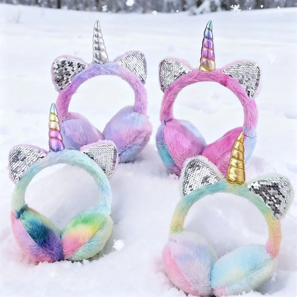 Orejeras de unicornio cálidas de felpa suave para otoño e invierno, orejeras de gato con lentejuelas teñidas anudadas, protege las orejas del frío, regalos de navidad