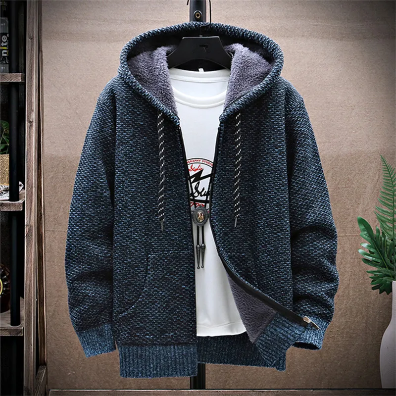 Winter Fleece Sweatercoat Männer Dicke Warme Mit Kapuze Kintted Herren Pullover Strickjacke Feste Beiläufige Stricken Jacke Mantel Männliche Kleidung