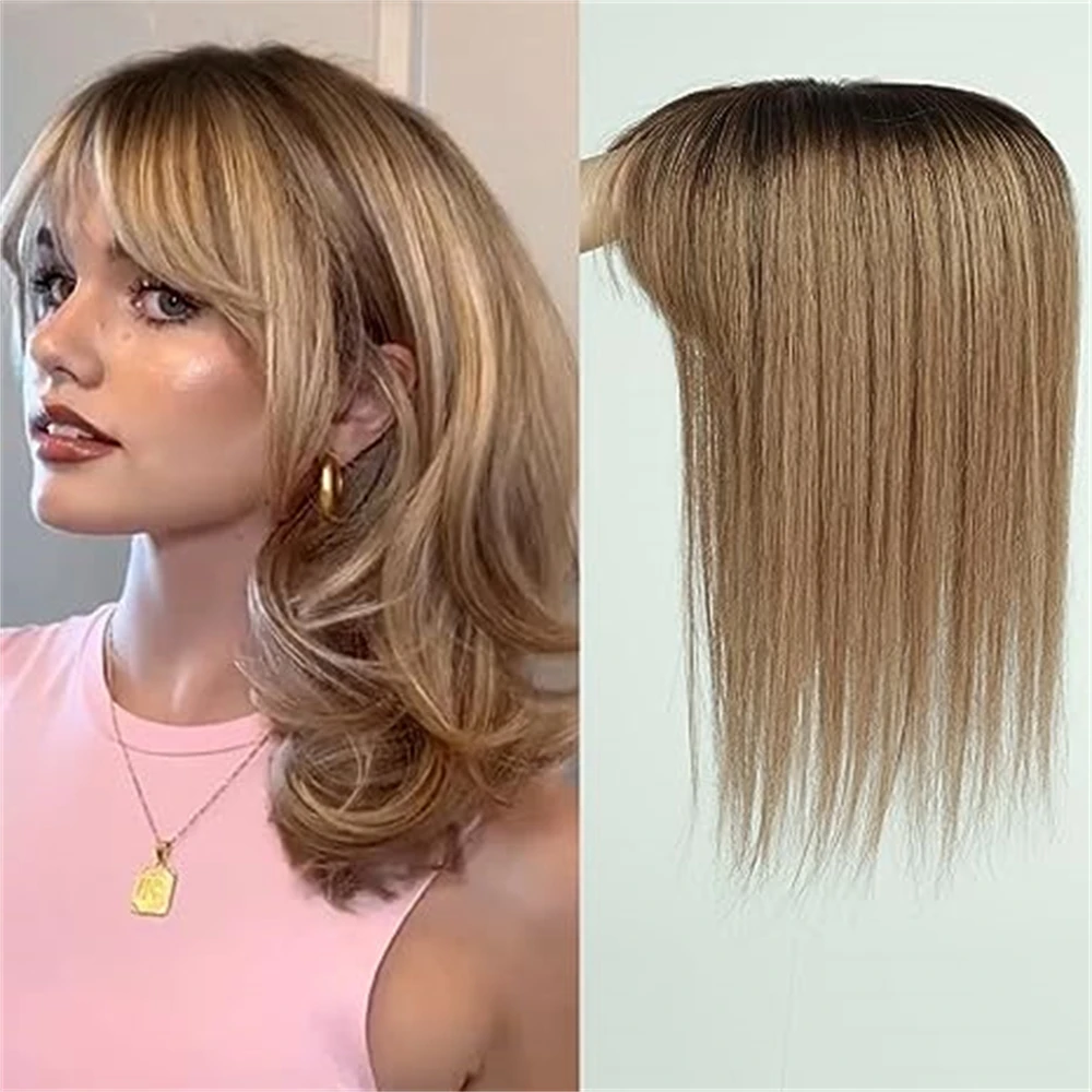 100 % Remy-Echthaar-Topper, Haarteile für Frauen, hellbrauner Damen-Topper mit Pony, Seidenbasis, Clip-in-Topper für dünner werdendes Haar