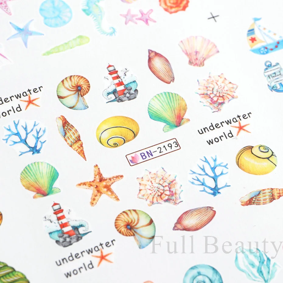 12 แบบเล็บ Sea Shell สติกเกอร์น้ําที่มีสีสัน Conch ปลาดาว Sliders ฤดูร้อน Ocean Theme Decals ตกแต่งเล็บ