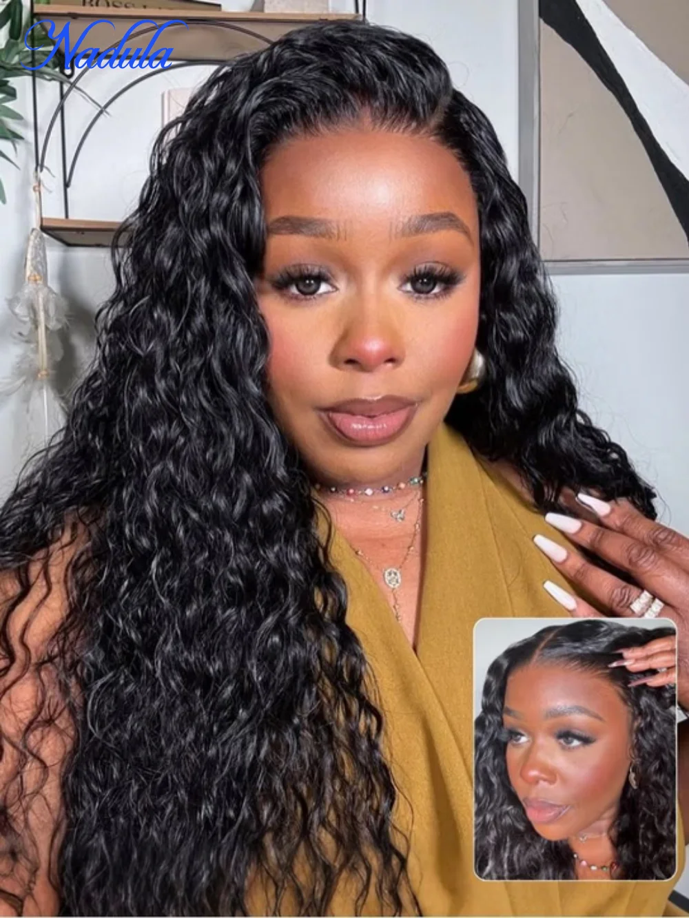 Wig Rambut Asli Nadula Water Wave 360 Lace Frontal Tanpa Lem, Wig Rambut Manusia dengan Tali Tak Terlihat 360 Lace, Wig Water Wave Hitam