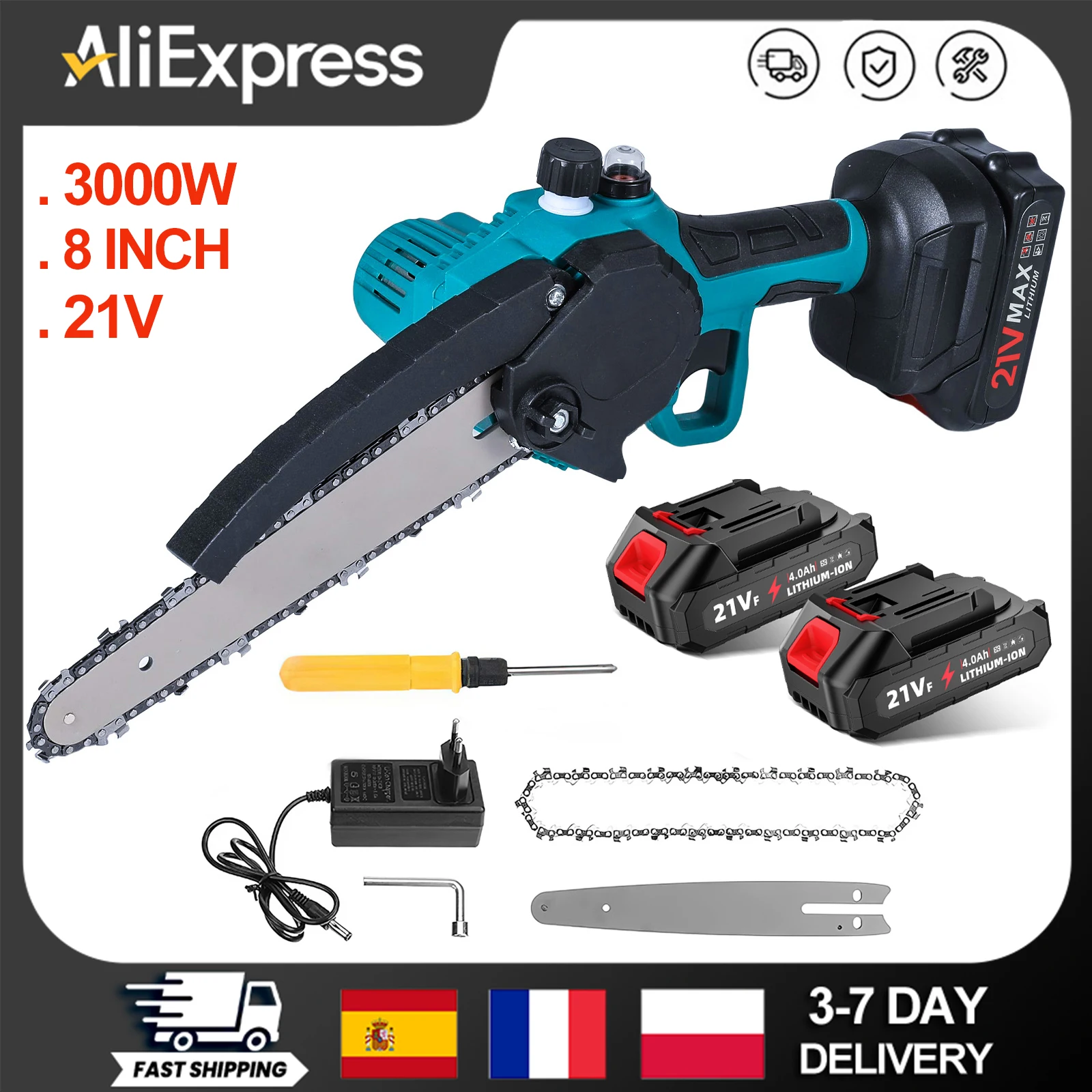 Motosega elettrica da 8 pollici Sega elettrica portatile senza fili Sega elettrica portatile per cottura del legno da giardino adatta per batteria 18 V-21V