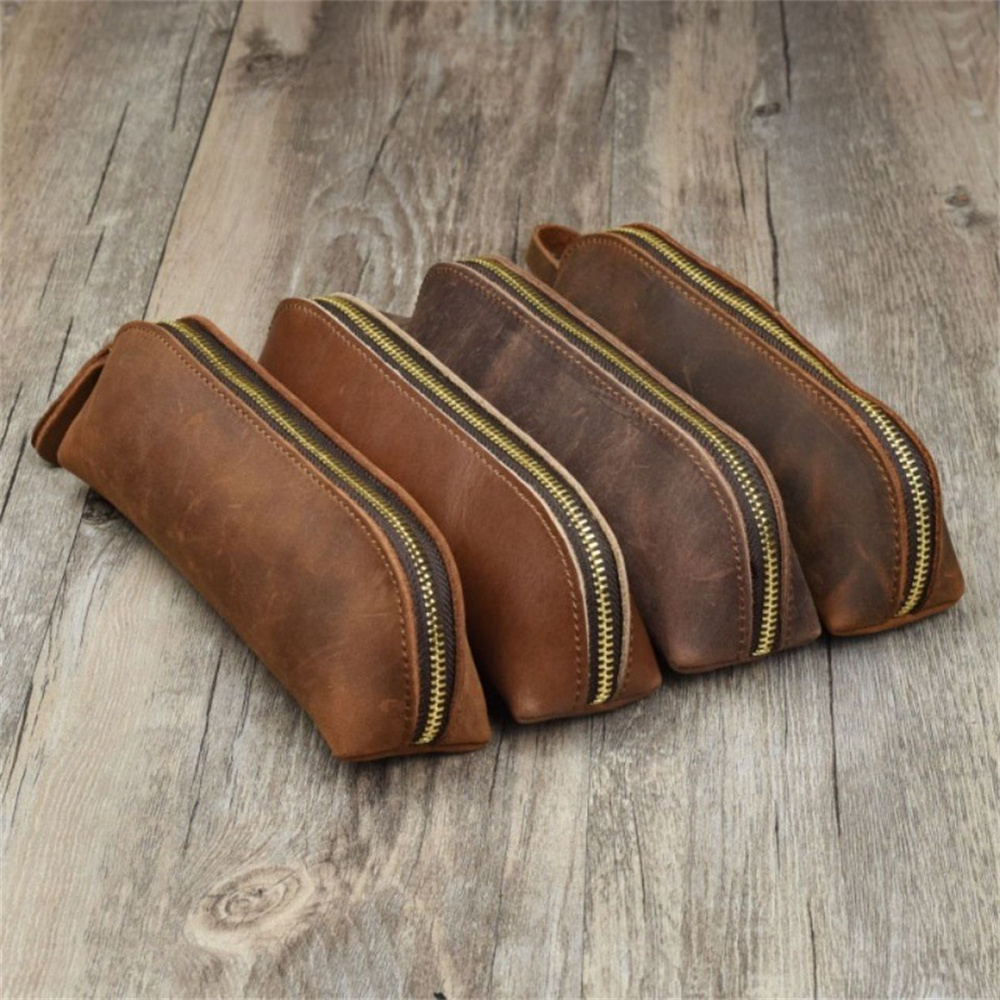 Borsa per penna a matita con cerniera in pelle 1PC - Borsa per cosmetici piccola per trucco da viaggio - Caffè vintage