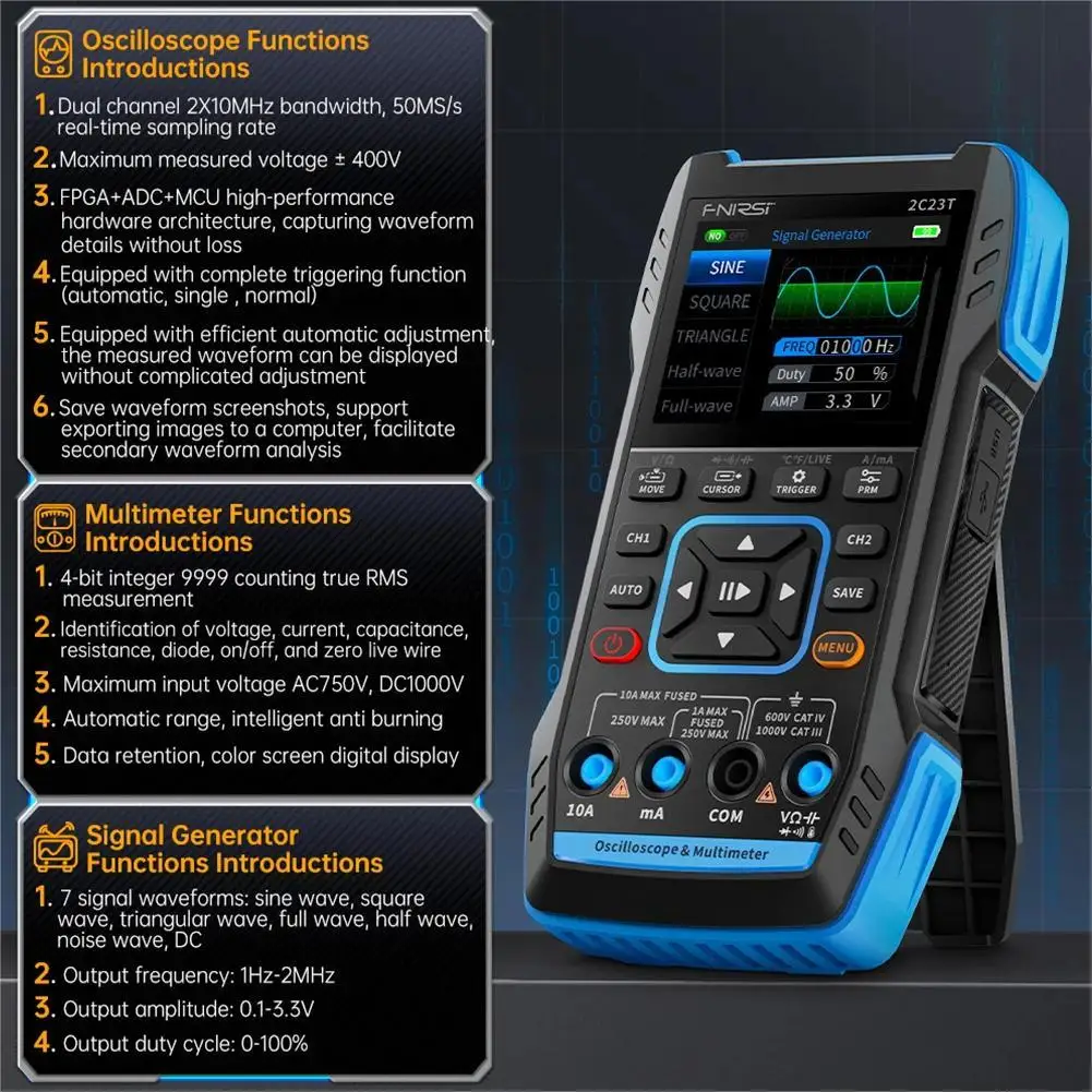 FNIRSI 2C23T 2C53T Aggiornamento 50MHz Oscilloscopio digitale portatile Multimetro Generatore di segnale 3 in 1 Strumenti automobilistici a doppio canale
