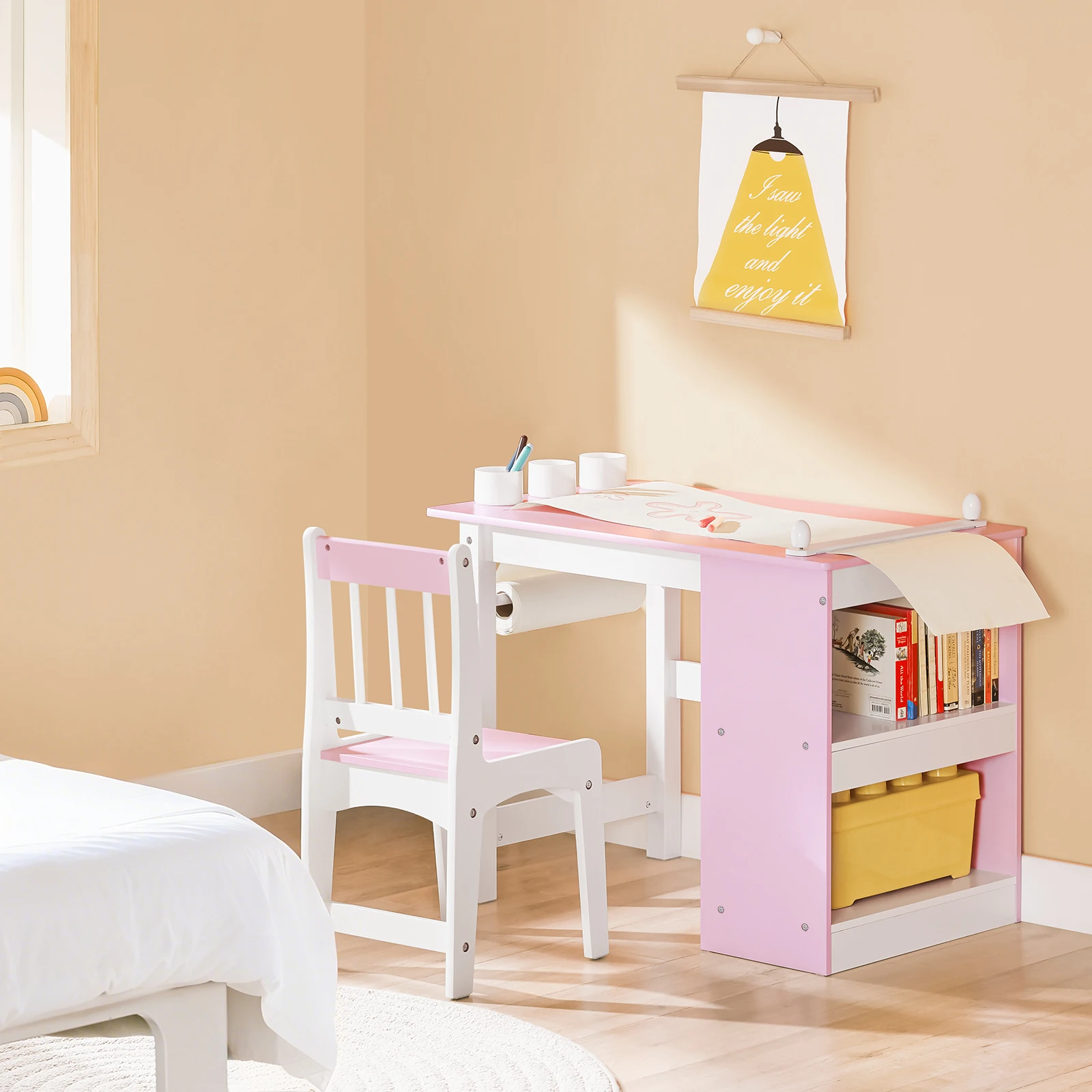 SoBuy KMB116-P 2 Stück Kindertisch und Stuhl Set mit Aufklebern DIY Kinderschreibtisch mit 3 Stifthaltern Set Maltisch