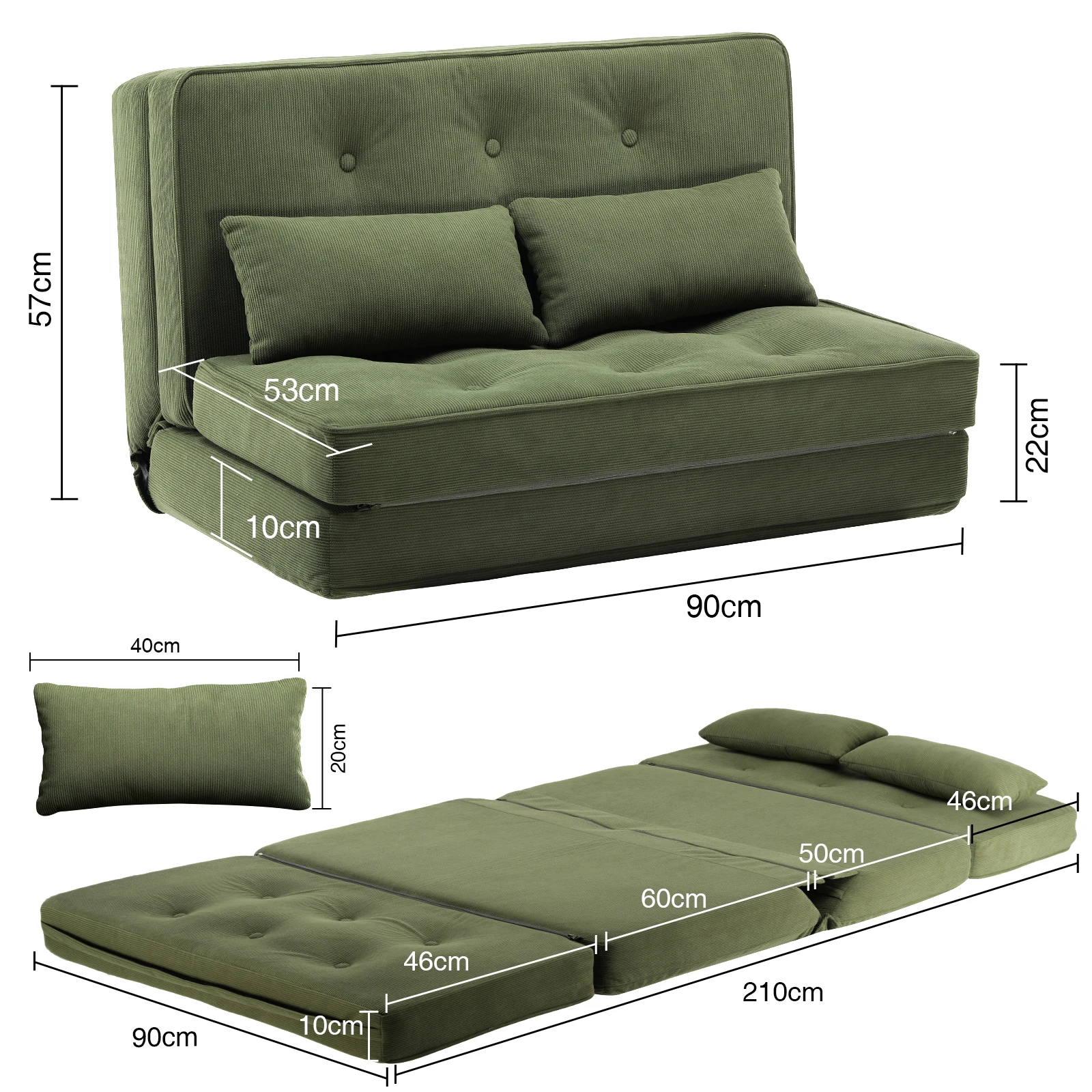 COMHOMA Sofa Couch Schlafcouch Klein Bed 2er Mini Bettsofa 6-Stufig Verstellbare Rückenlehne, Wohnzimmer, Schlafzimmer