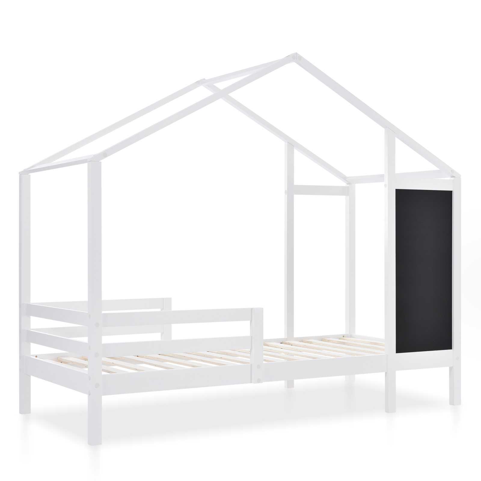 Lit de Maison Blanc pour Enfant, 90x200 cm, Clôture en Bois Massif, Cadre à Lattes, Ceinture, Tableau Noir et 2 Tiroirs, Lit en Bois (Sans Matelas)