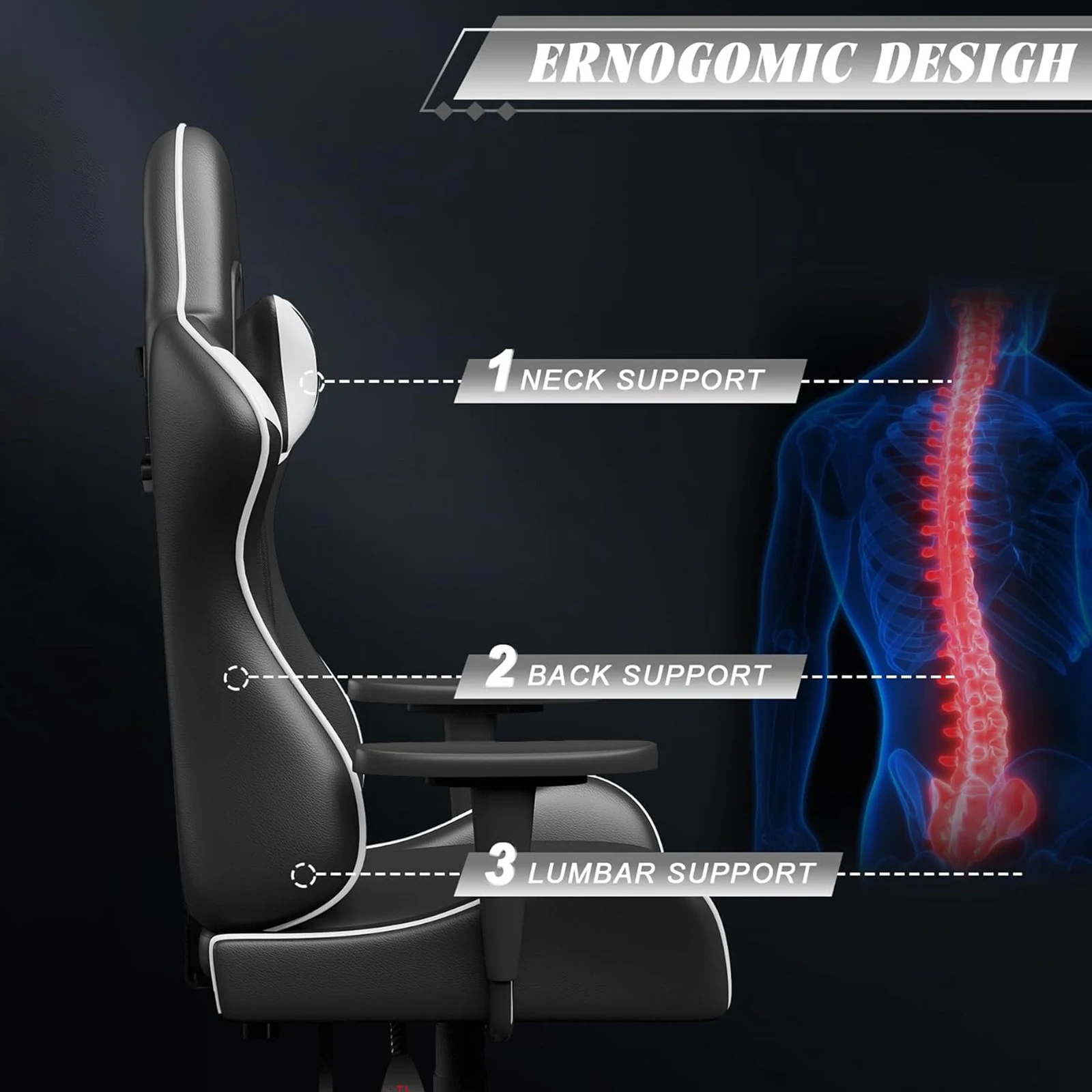Cadeira de jogos Bigzzia Cadeira de computador Cadeiras ergonômicas para jogadores com almofada lombar Encosto de cabeça Cadeira de escritório para jogos com altura ajustável