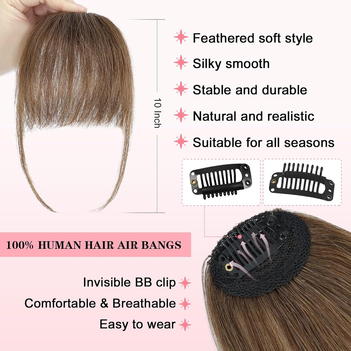 Real Human Hair Wispy Bangs with Temples,Curved Fringe Hair Accessories,Clip in Air Bangs,Kawaii Hairpieces Quick Hair Change