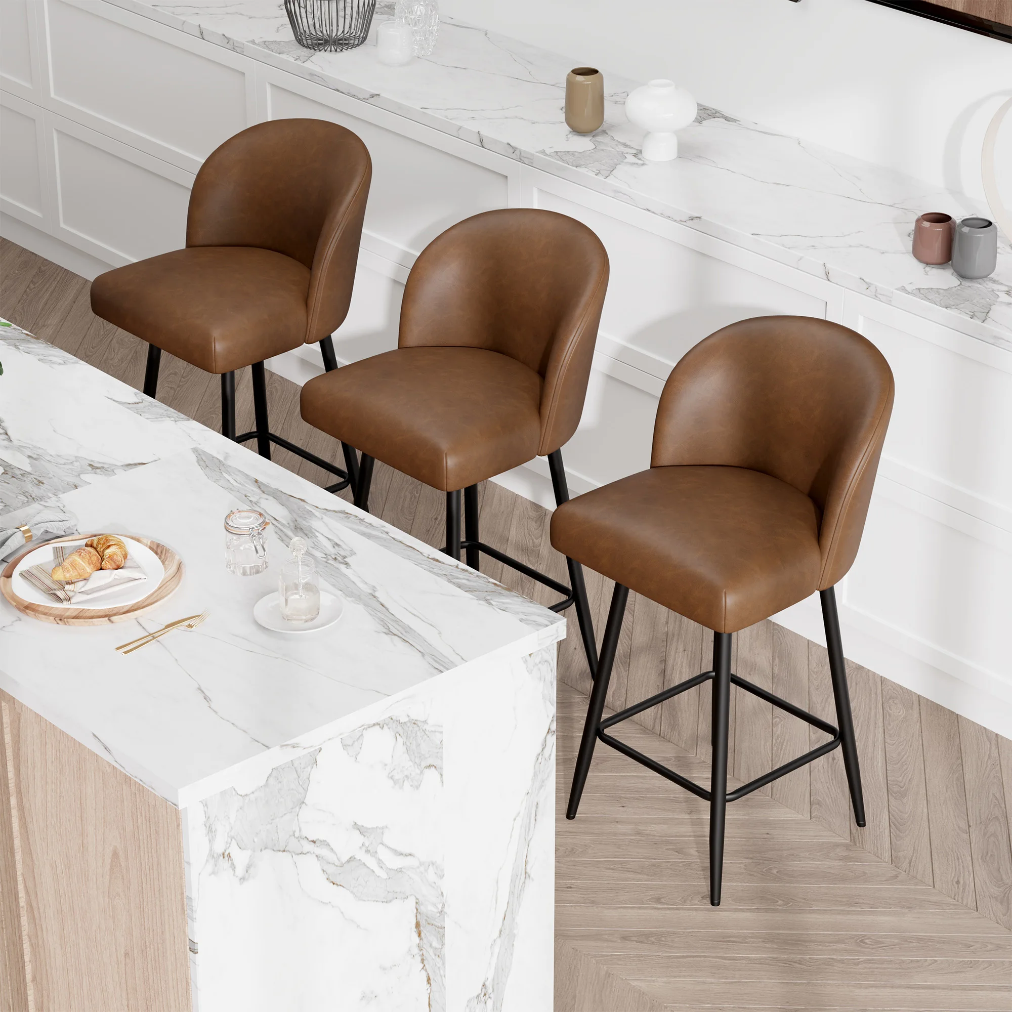 Counter Height Bar Stools Set of 2,360° Swivel Barstools with High Back and Metal Legs,26" Seat Height, Upholstered PU Leather