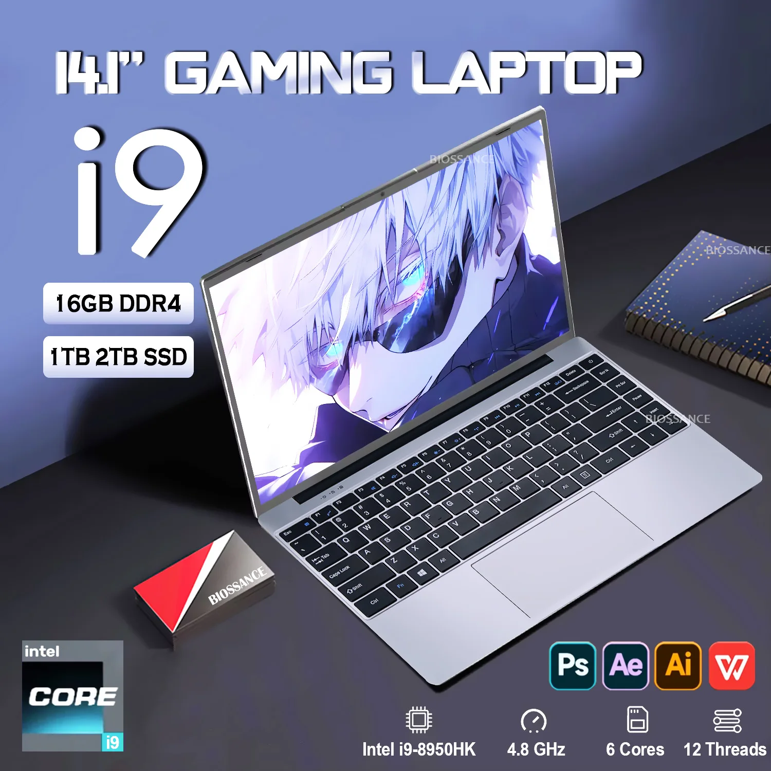 2025 Laptop da gioco portatile 14.1 ''Windows 11 Intel Core i9 8950HK Laptop Ultra sottile 16GB DDR4 1TB 2TB SSD 1920*1080 Laptop