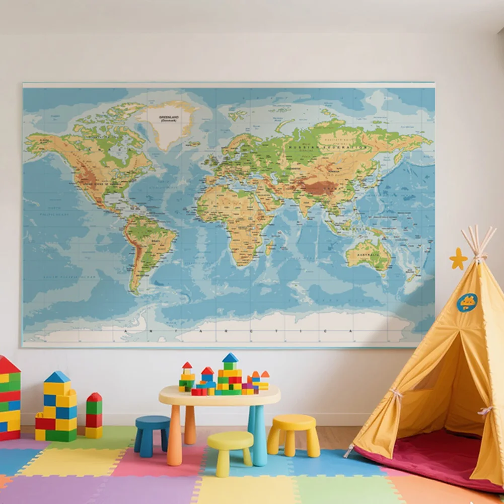 Mapa del mundo de 225x150cm, póster grande, decoración de pared, lienzo no tejido, pintura, decoración del hogar, suministros escolares, mapa de viaje