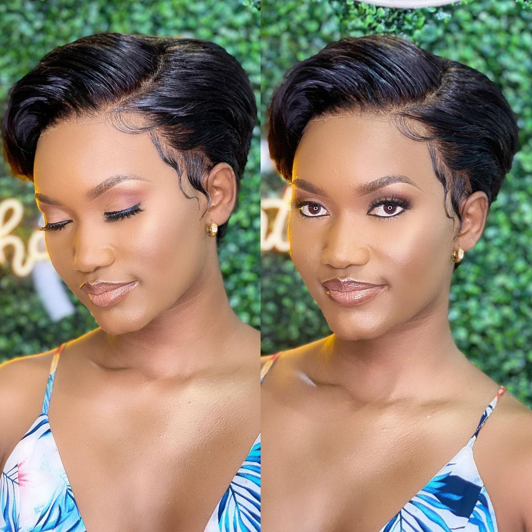 Peluca brasileña de cabello humano con corte Pixie, pelucas de cabello humano liso transparente con división en T, peluca corta de encaje Bob, peluca de encaje 13x4 para salón