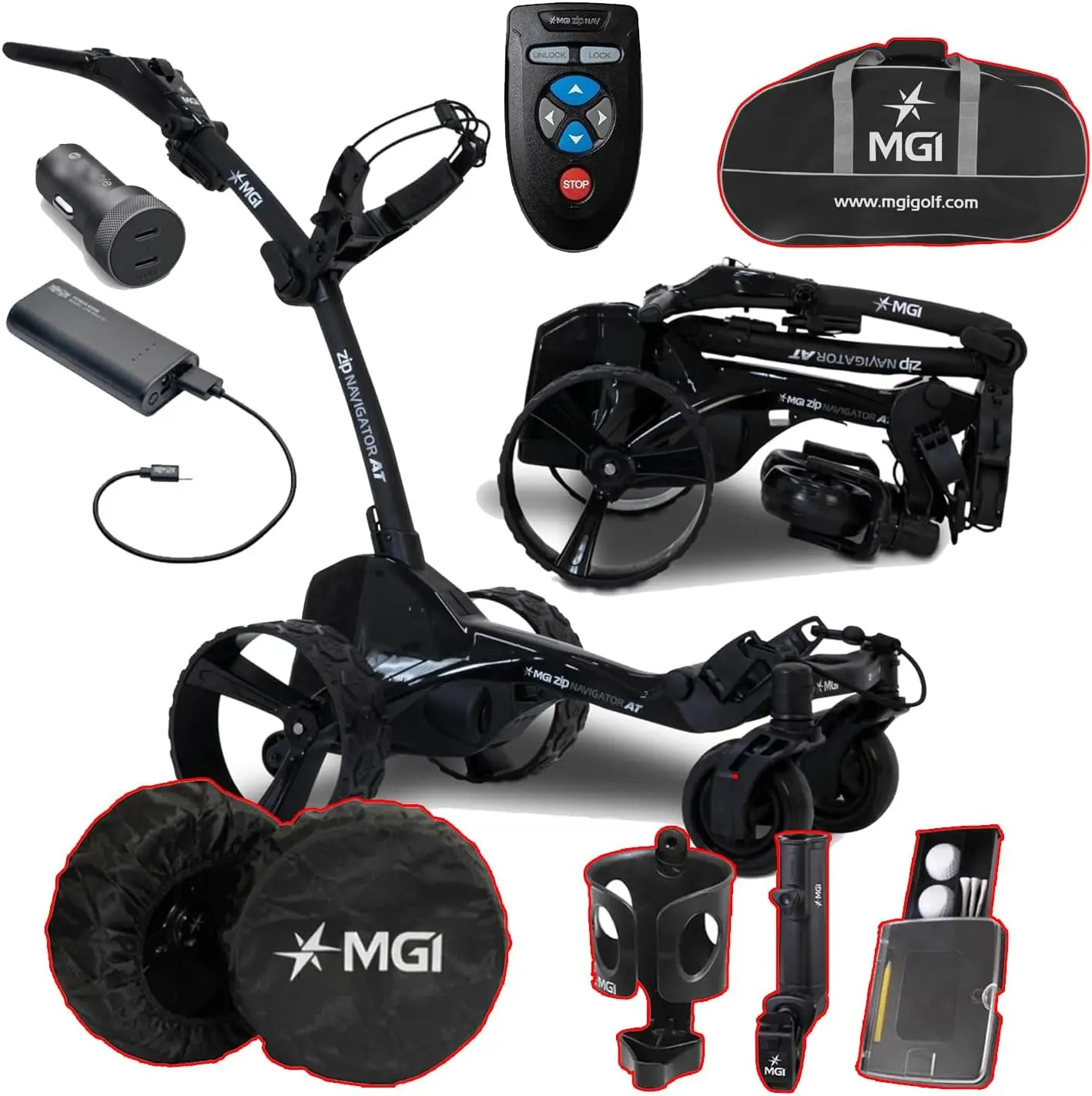 BRANDNEUER MGI Zip Navigator bei All-Terrain Remote Golf Cart mit Zubehör _ Power Bundle _ 3 Jahre Garantie _ 36 Löcher erweitert