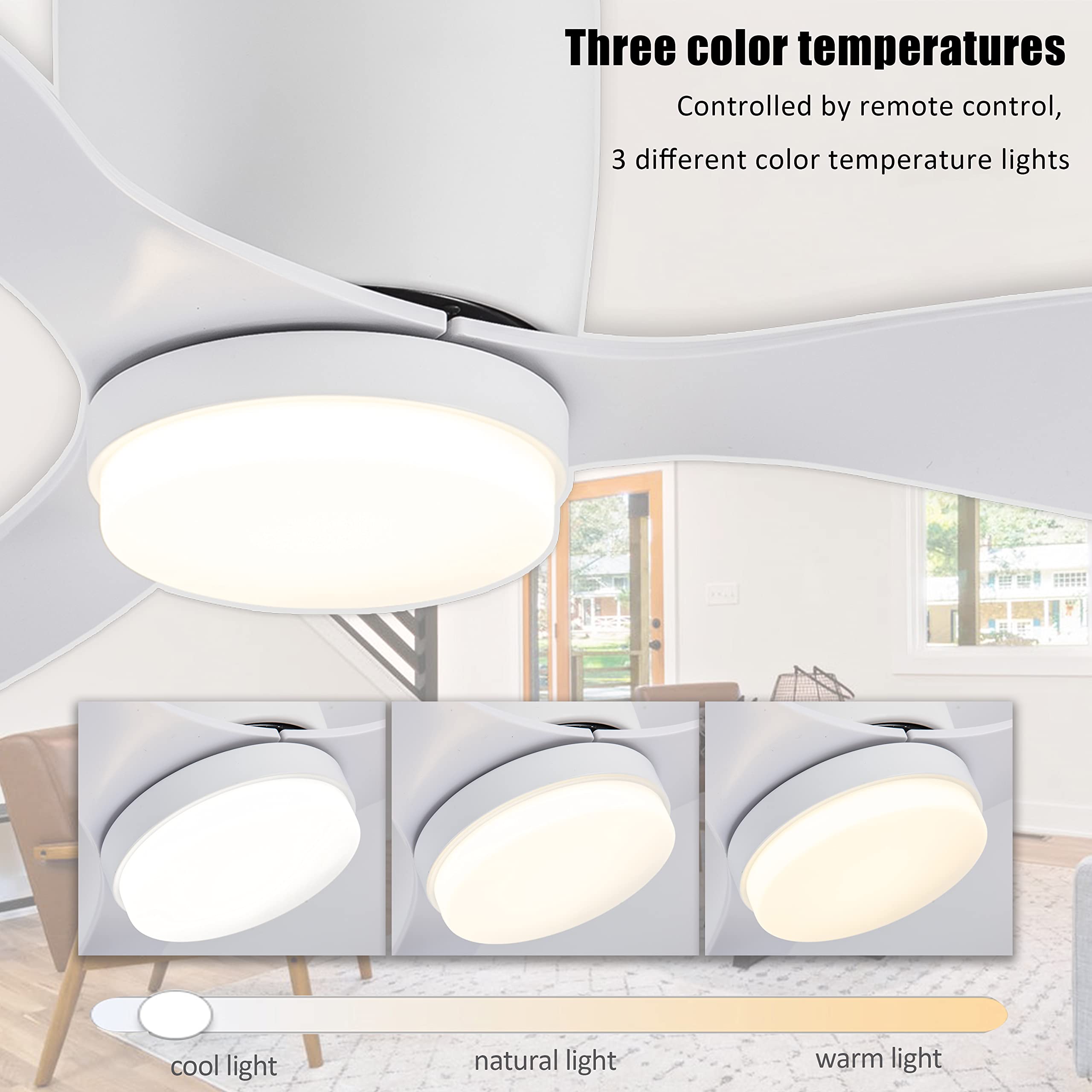 IRALAN Ventilateur de plafond avec lumière, choix à 6 vitesses, moteur CC réversible, 3CCT, dimmable, silencieux, installation facile, noir/blanc/bois