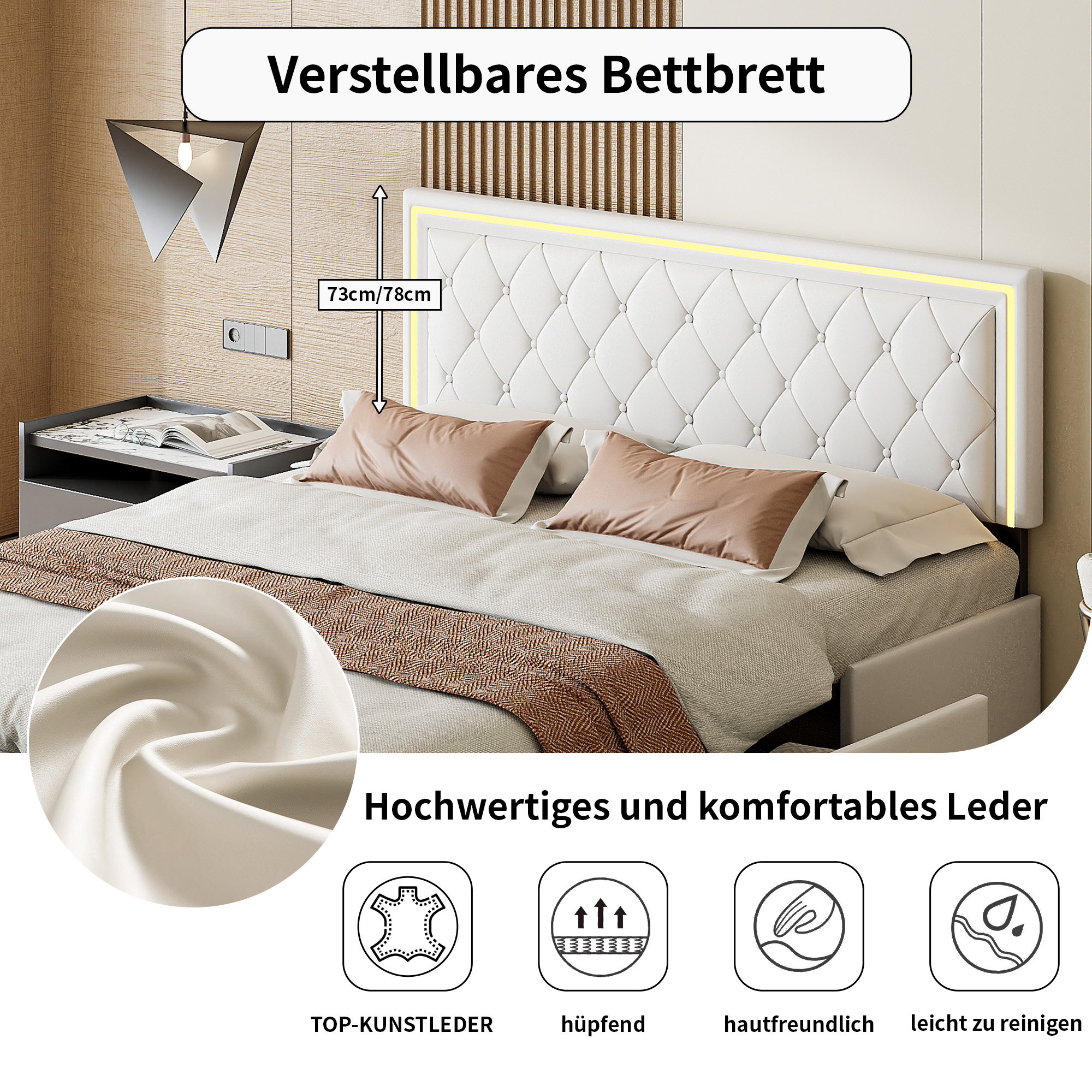 Rosahqnda Lit moderne en simili cuir avec tiroirs, lit double élégant en simili cuir avec rangement, sans matelas