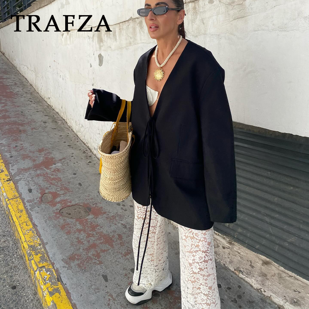TRAFZA Spring Summer Women Office Lady Solid Blazer Pockets Loose Bow Jackets Lace-up V-Neck Blazer Women Fashion 2024 Chic Tops