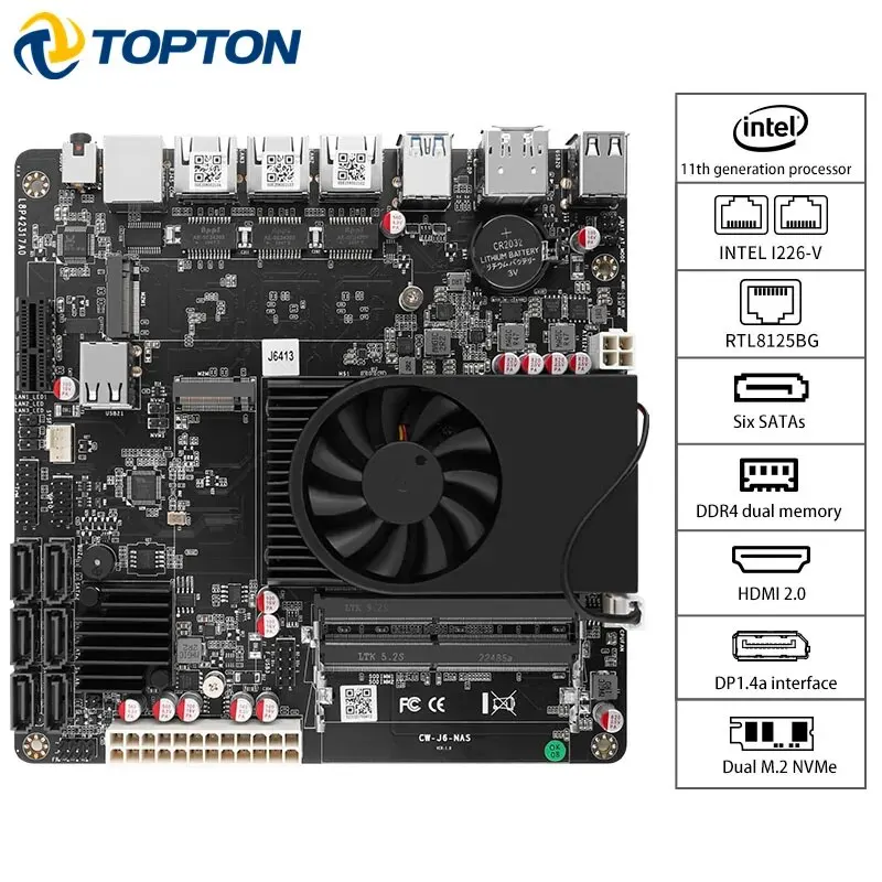 6-Bay NAS Mainboard Intel Celeron J6413 J6412 2*Intel i226-V 1*RTL8125BG 2.5G LANs 2*NVMe 6*SATA3.0 2*DDR4 1*PCIe Mini Pc Board