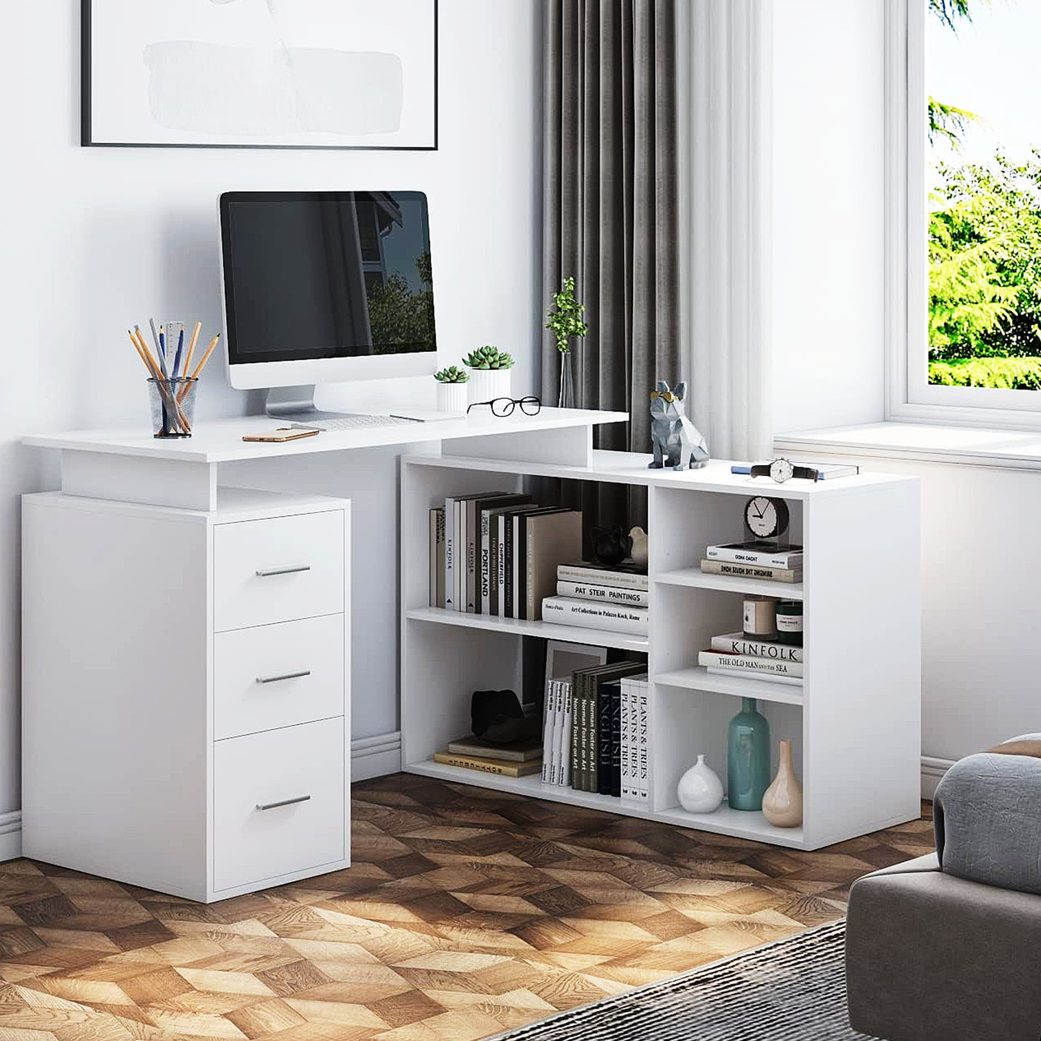 Getone desk corner desk L-shaped desk with drawers and shelves for study Office Home Office 129x104x