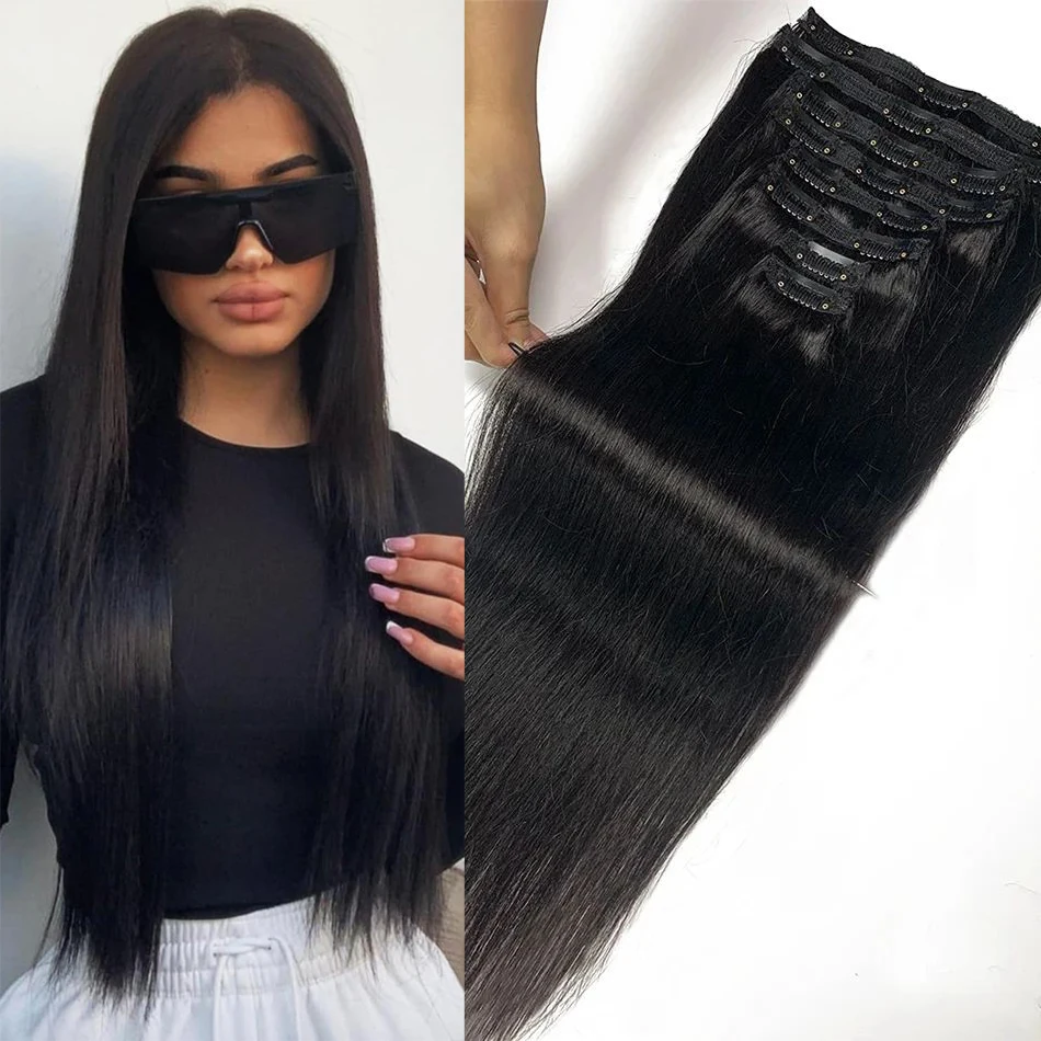 Clipe preto natural em extensões de cabelo para mulheres, 100% cabelo humano real, macio sedoso reto, extensão do cabelo sem costura, 18 clipes