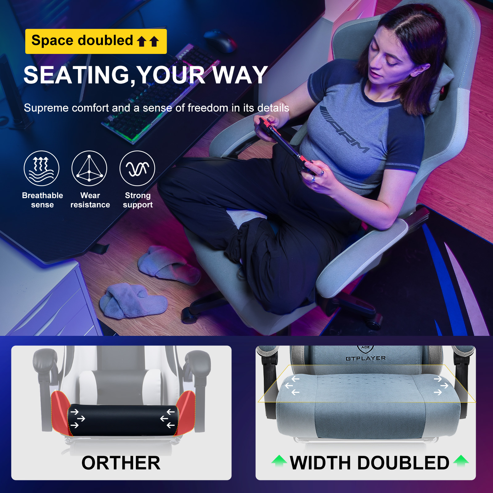 GTPLAYER Gaming Stuhl Ergonomischer Gaming Sessel Schreibtischstuhl mit Stoffoberfläche, Federsitzkissen, Verbindungsarmlehnen
