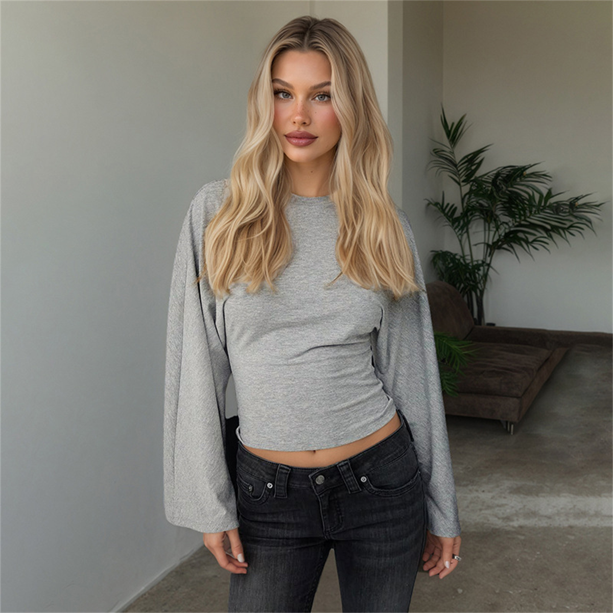 Top corto da donna, tinta unita, girocollo, spalla frontale, maniche lunghe larghe, vita stretta, top corto sottile, casual quotidiano, semplice e versatile