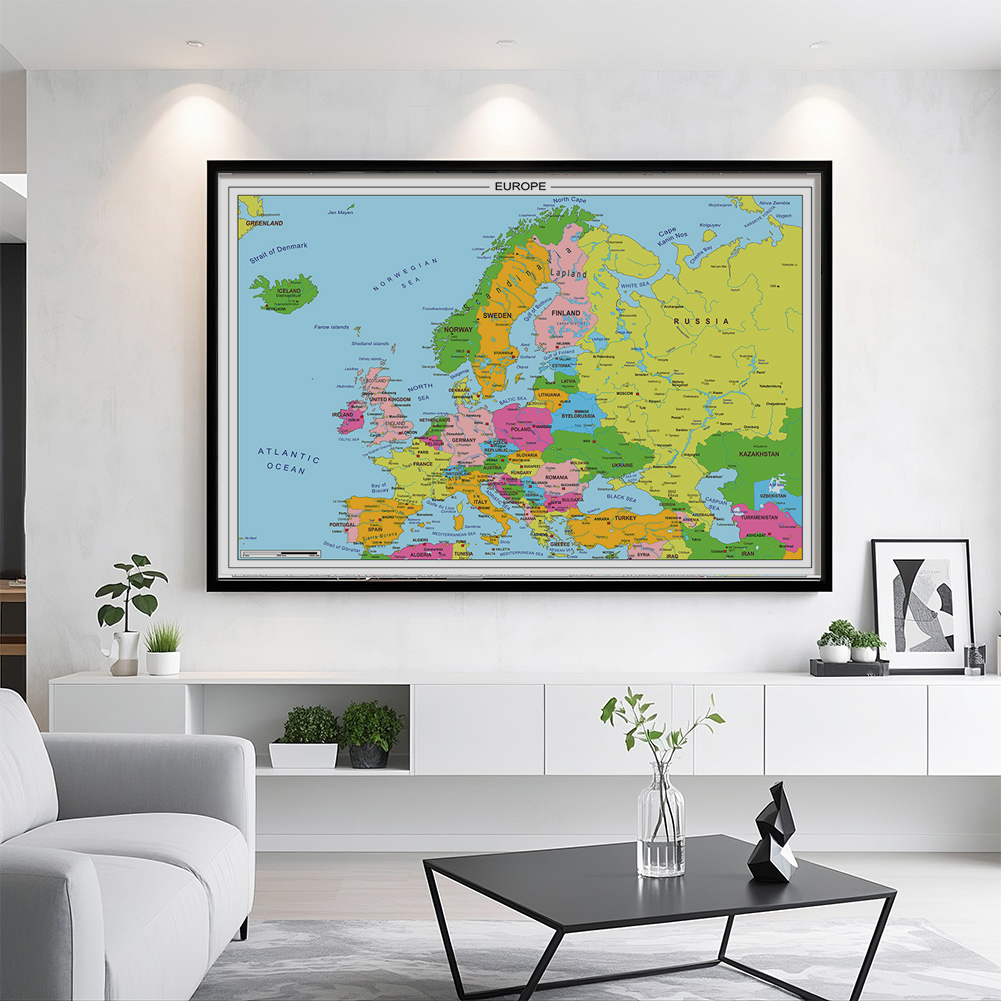 Mapa de Europa de 225x150cm, póster grande sin marco en inglés, imágenes de tela no tejida, pintura de pared, suministros de oficina, decoración del hogar