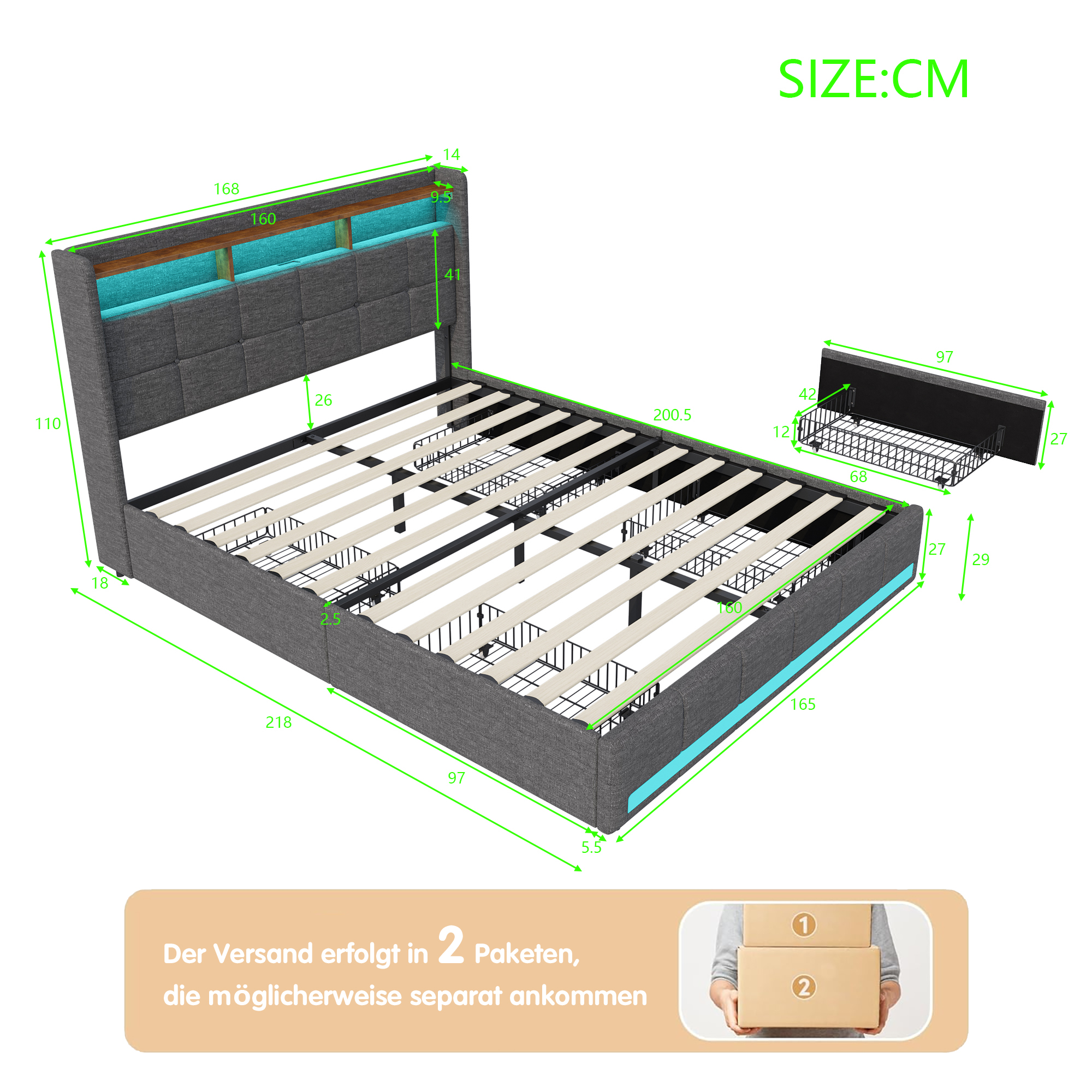 Armação de cama estofada com carregamento USB Headboard, armazenamento duplo, LED Light, 4 gavetas, 160x200cm