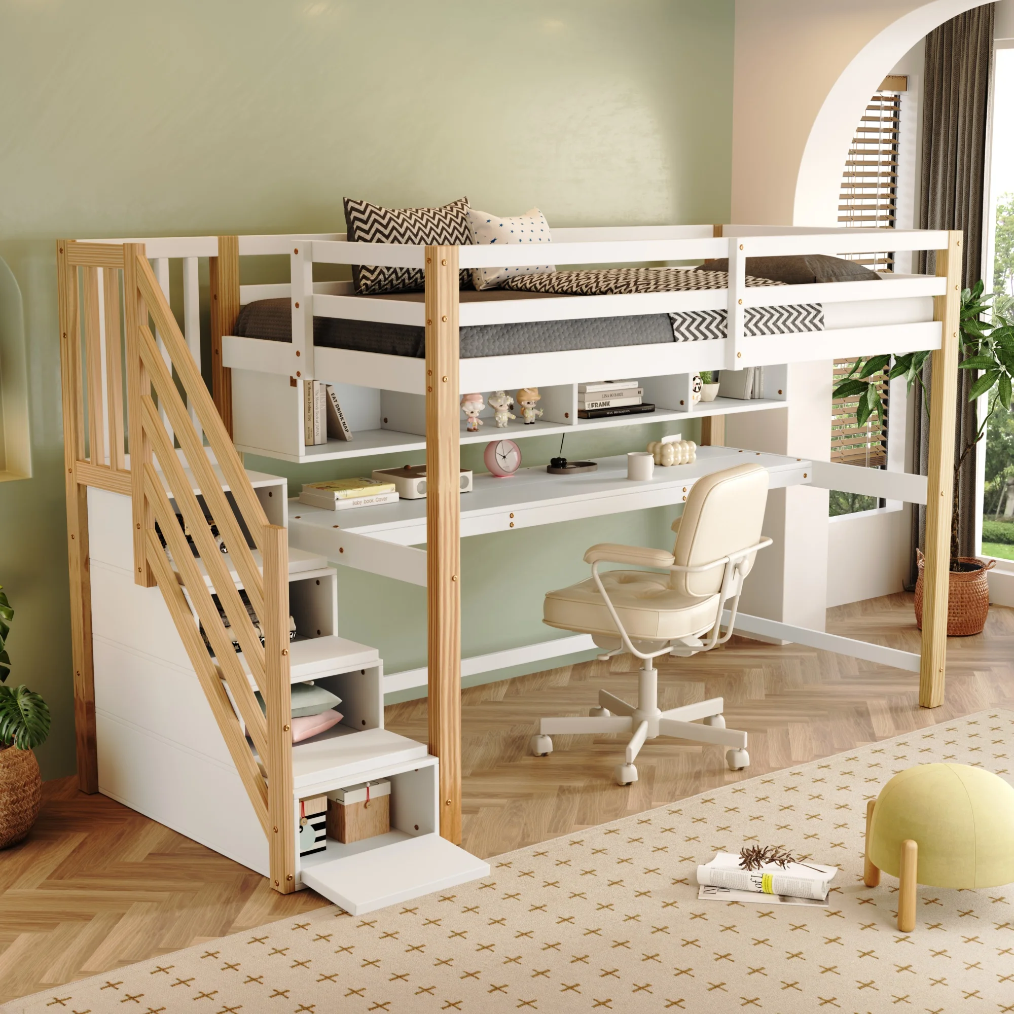 Letto per bambini letto alto con scale contenitore 90*200 cm, legno massello + MDF, letto a castello, letto per bambini con grande scrivania e ripiani,