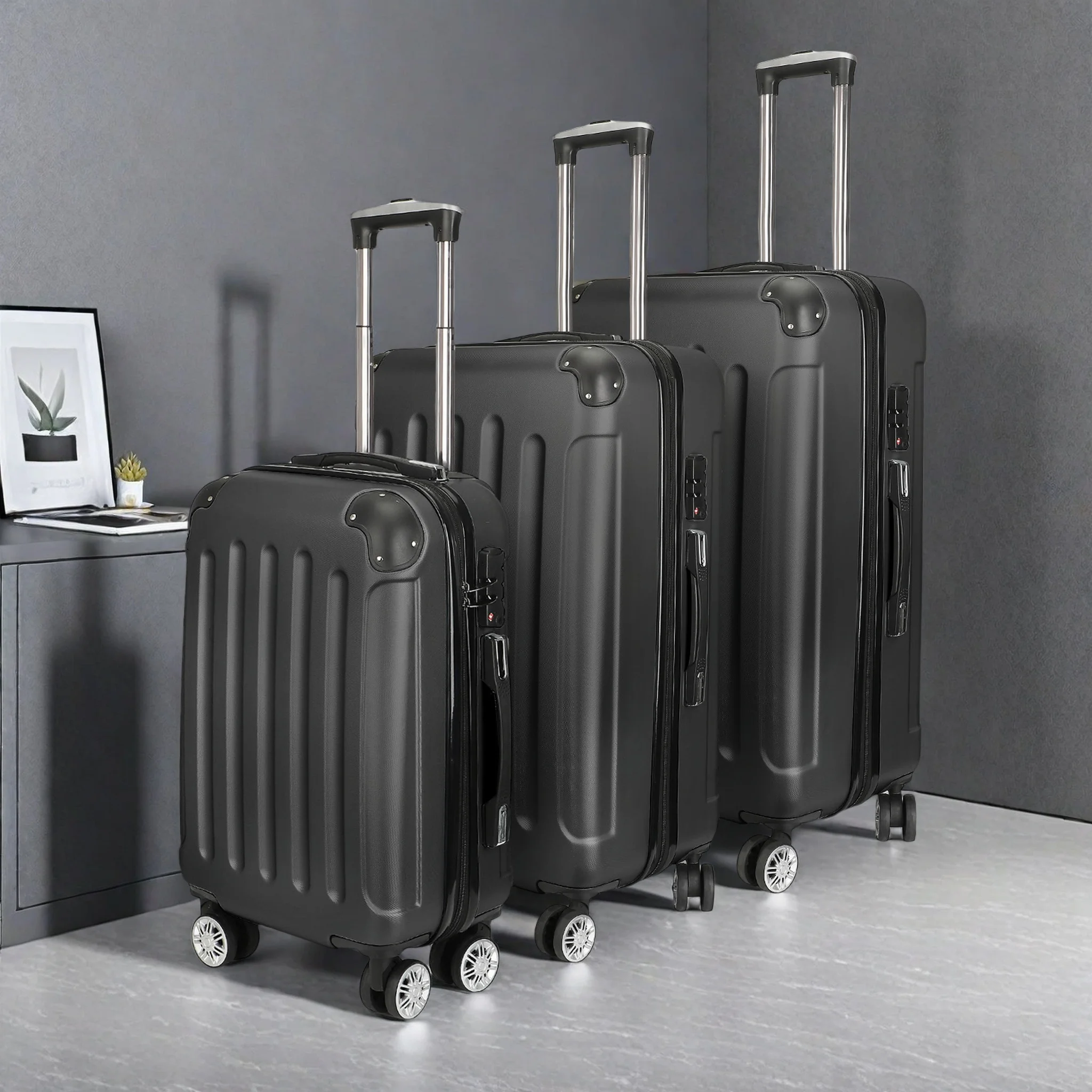 Anajqaqia-Trolley Mala Set, ABS Hard Shell, Mala de Viagem, Rodízios Giratórios 360 °, Cabo Telescópico, 3 Peças