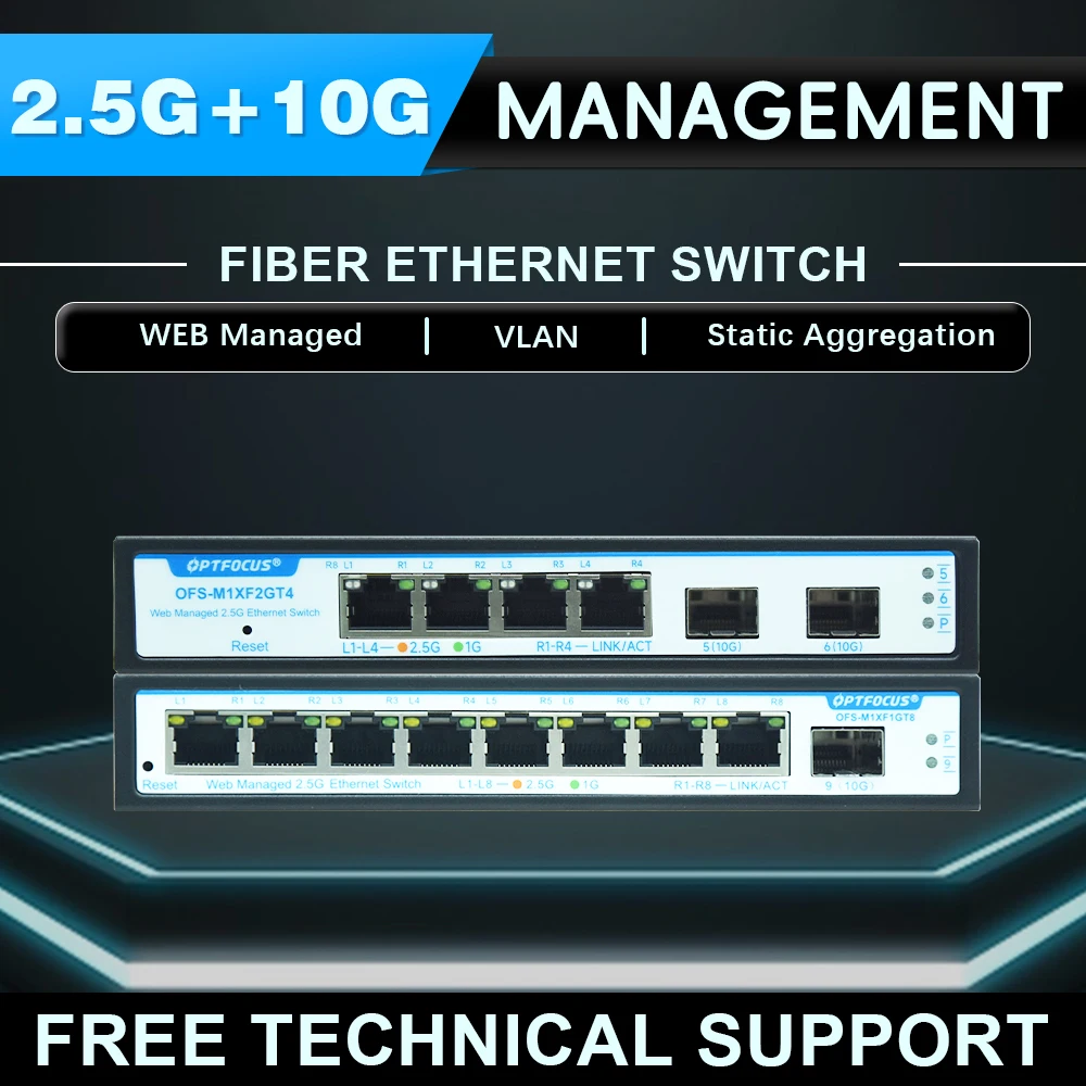 OPTFOCUS Web gestionado 5 8 puertos 2,5G 10G conmutador de red VLAN 2,5 gbe RJ45 hub ethernet 10gbe sfp + con agarración de enlace Qos