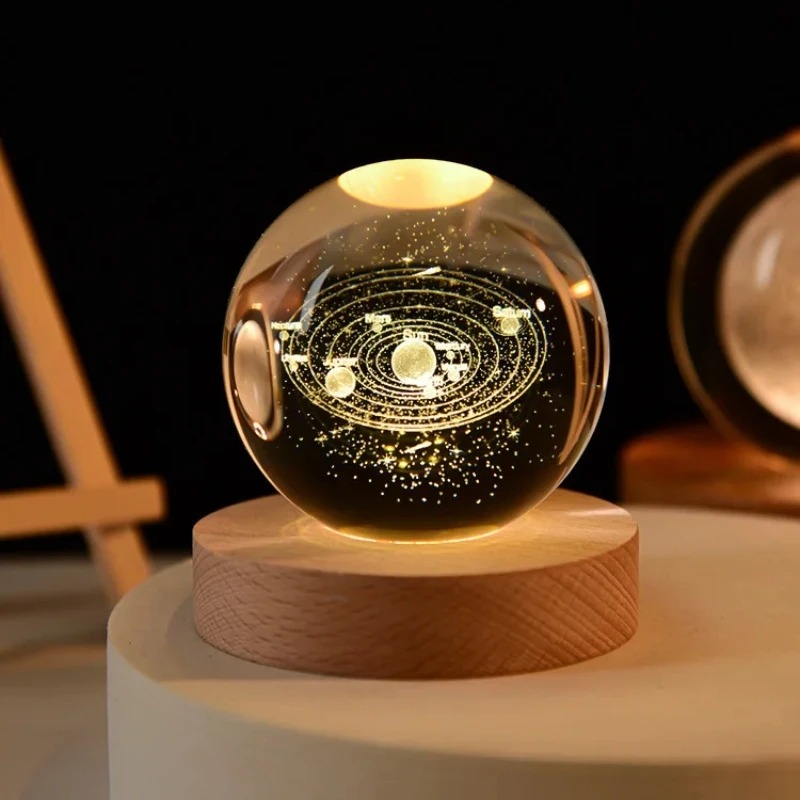 6cm 3D Crystal Ball Glass Ball Planet Earth Wooden Base Solar System Galaxy Astronomy Birthday Gift Home Desktop Decoration