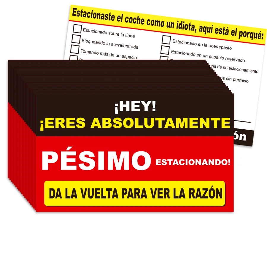 100 pcs Spanish Parking Violation Cards - Unauthorized Parking Reminder, No License Zone Alert, with Pre-Printed Message