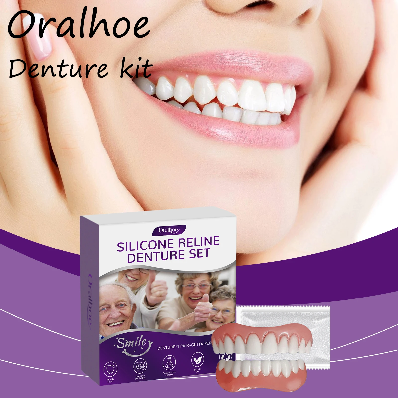 Silicone Reline Denture Set Denture Silicone Liners High Elasticity Soft Denture Kit Teeth Upper and Lower Set for Men and Women