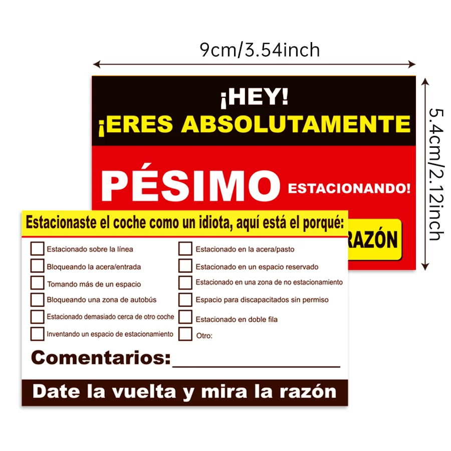 100 pcs Spanish Parking Violation Cards - Unauthorized Parking Reminder, No License Zone Alert, with Pre-Printed Message