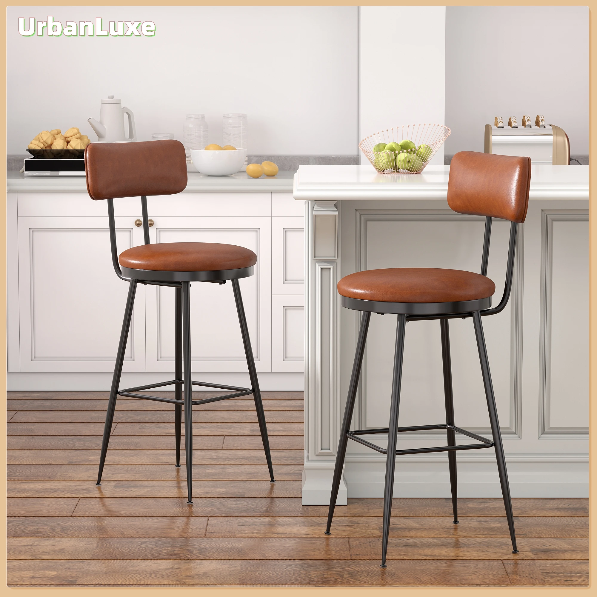 UrbanLuxe Barhocker (2er-Set) mit Rückenlehne, Metallgestell, Esszimmerstuhl, Küchenstuhl, PU-Leder, Braun