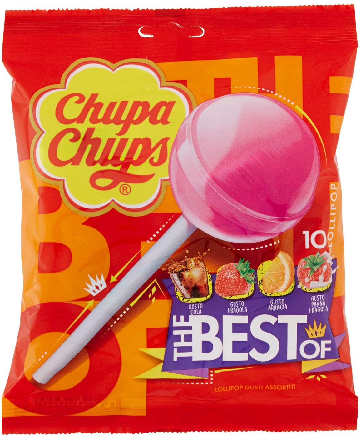 Chupa Chups o Melhor do Caramelo Duro com Stick de Vários Sabores, Coc, Morango, Limão, Morango, Creme, contém 12 Sacos com 10 Unidades Cada