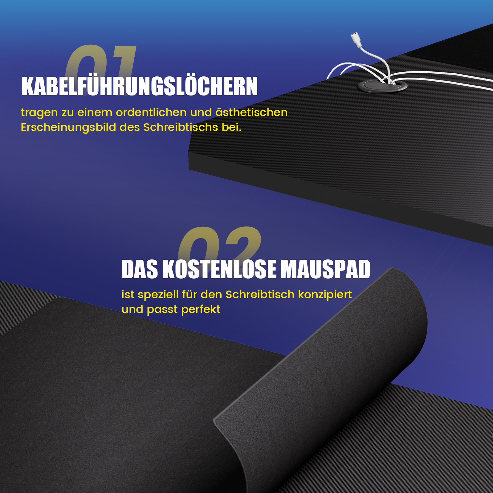 GTPLAYER Gamingtafel, Gaming bureau 120x60cm, PC-tafel Gamertafel met koolstofvezeloppervlak/LED/aansluiting, Zwart