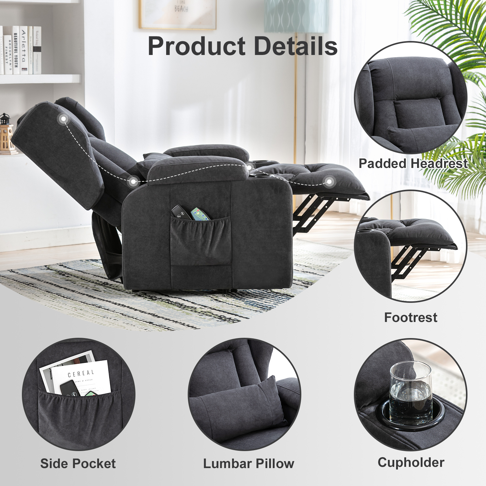 COMHOMA Sillón relax Sillón de masaje de ayuda de pie con superficie de tela Sillón de TV eléctrico con función reclinable de ayuda de pie