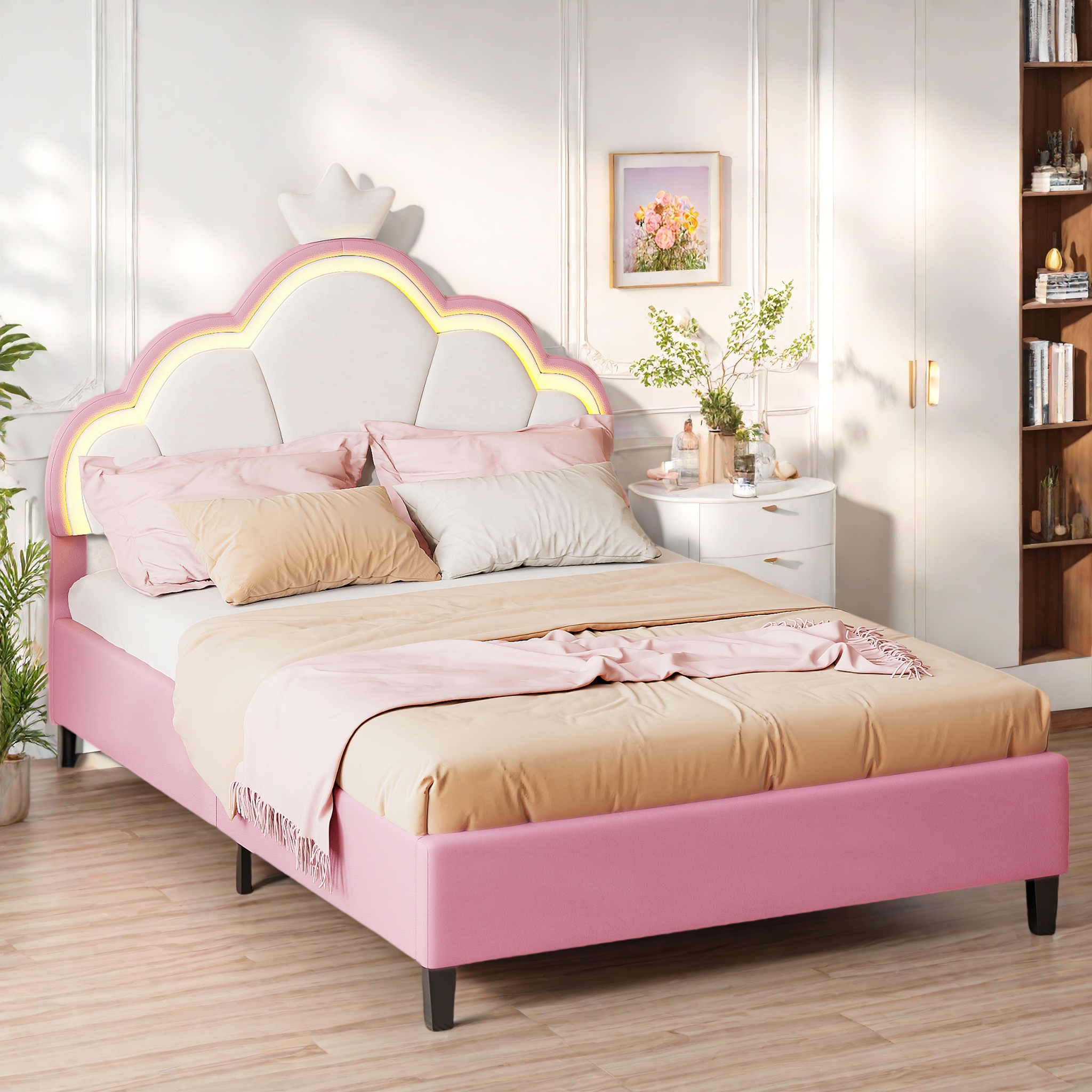 Rosahqnda Cama para niñas 90-140*200 cm Cabecero LED ajustable Cama individual Cama doble Cama de princesa Cama juvenil Terciopelo Rosa