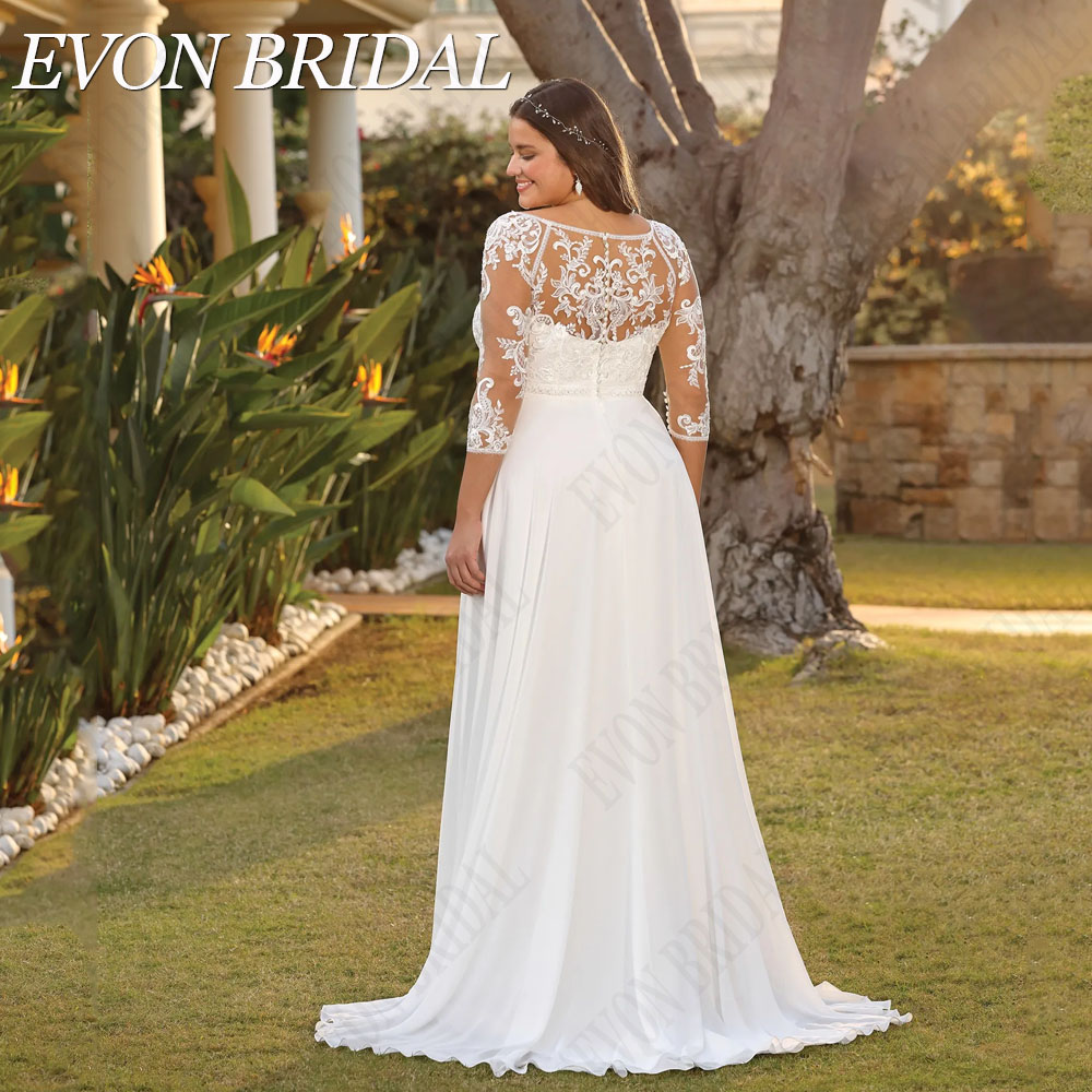 Evon Braut Zivil 3/4 Ärmel plus Größe Brautkleid für Braut V-Ausschnitt Chiffon Brautkleid Robe de Mariée A-Linie angepasstv