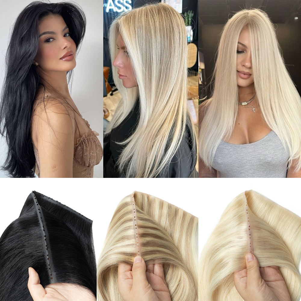 Extensions de cheveux humains blonds invisibles à double languette, trame à trous droits 613, Extensions de trame à trous XO naturels noirs et bruns