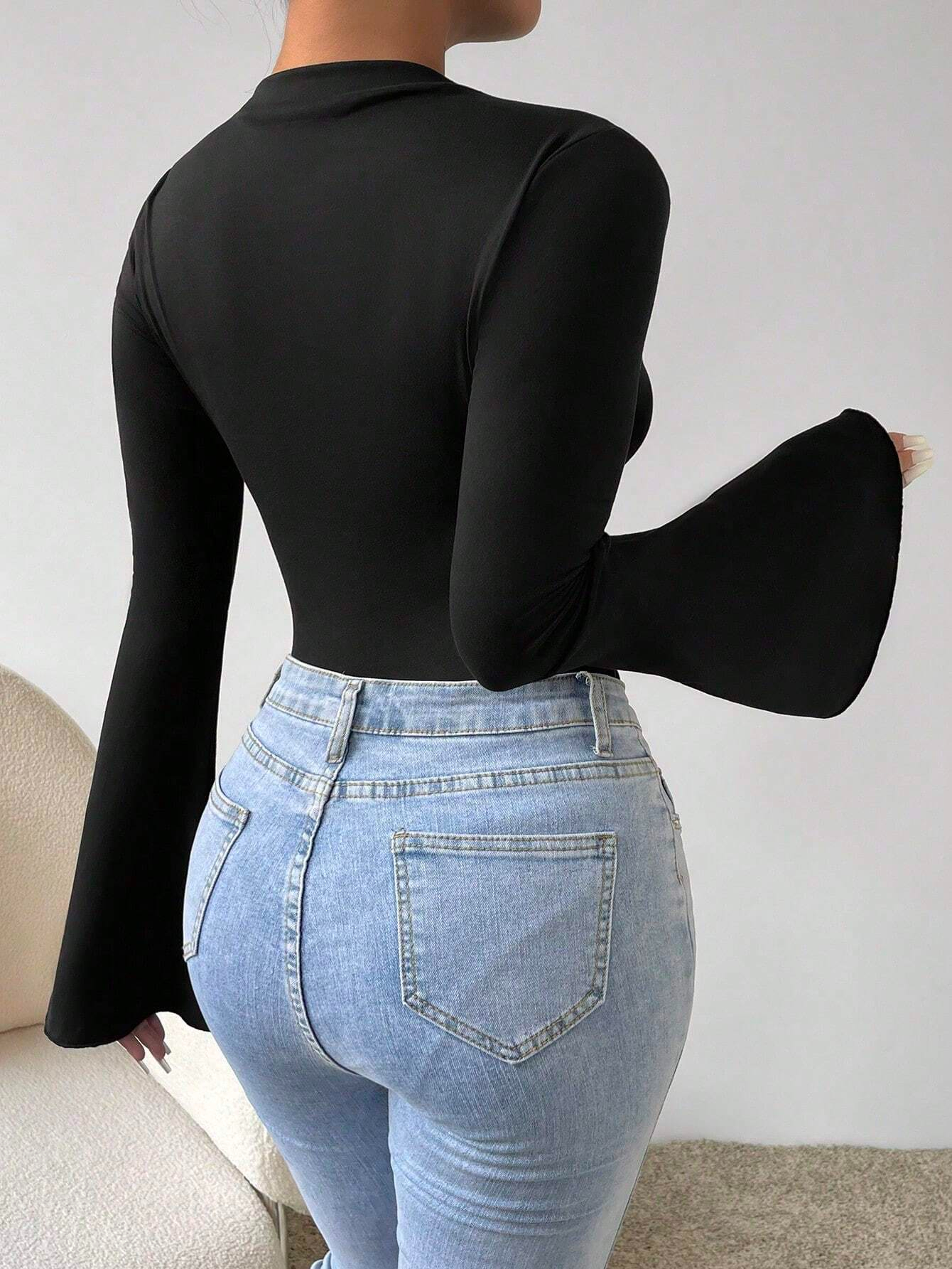 Mia Muse Damen-Bodys, Herbst, koreanisch, einfarbig, langärmelig, Rundhalsausschnitt, lässige Overalls und Playsuits